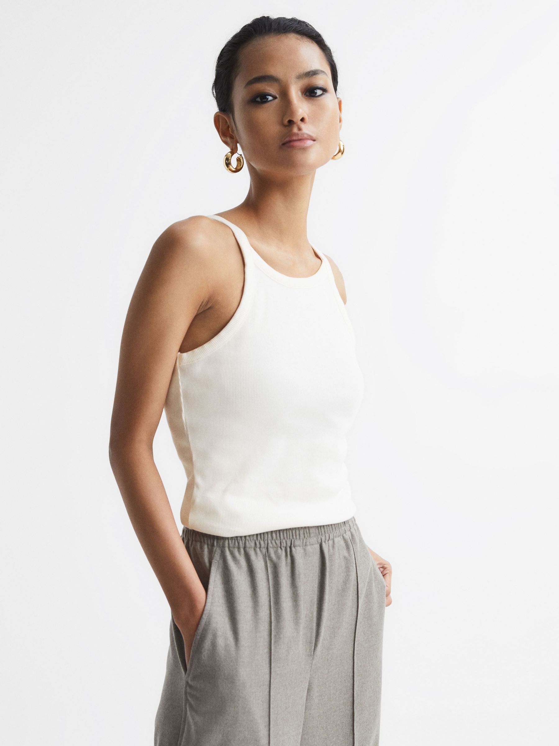 Crew Neck Ribbed Cami Vest Top in White - Image 1 of 7 Crew Neck Ribbed Cami Vest Top in White - Image 1 of 7
