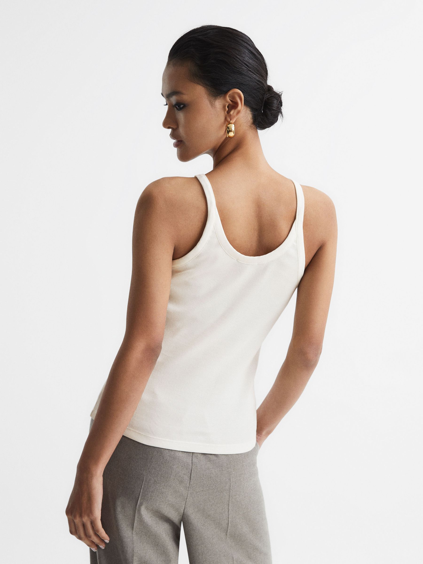 Crew Neck Ribbed Cami Vest Top in White - Image 5 of 7