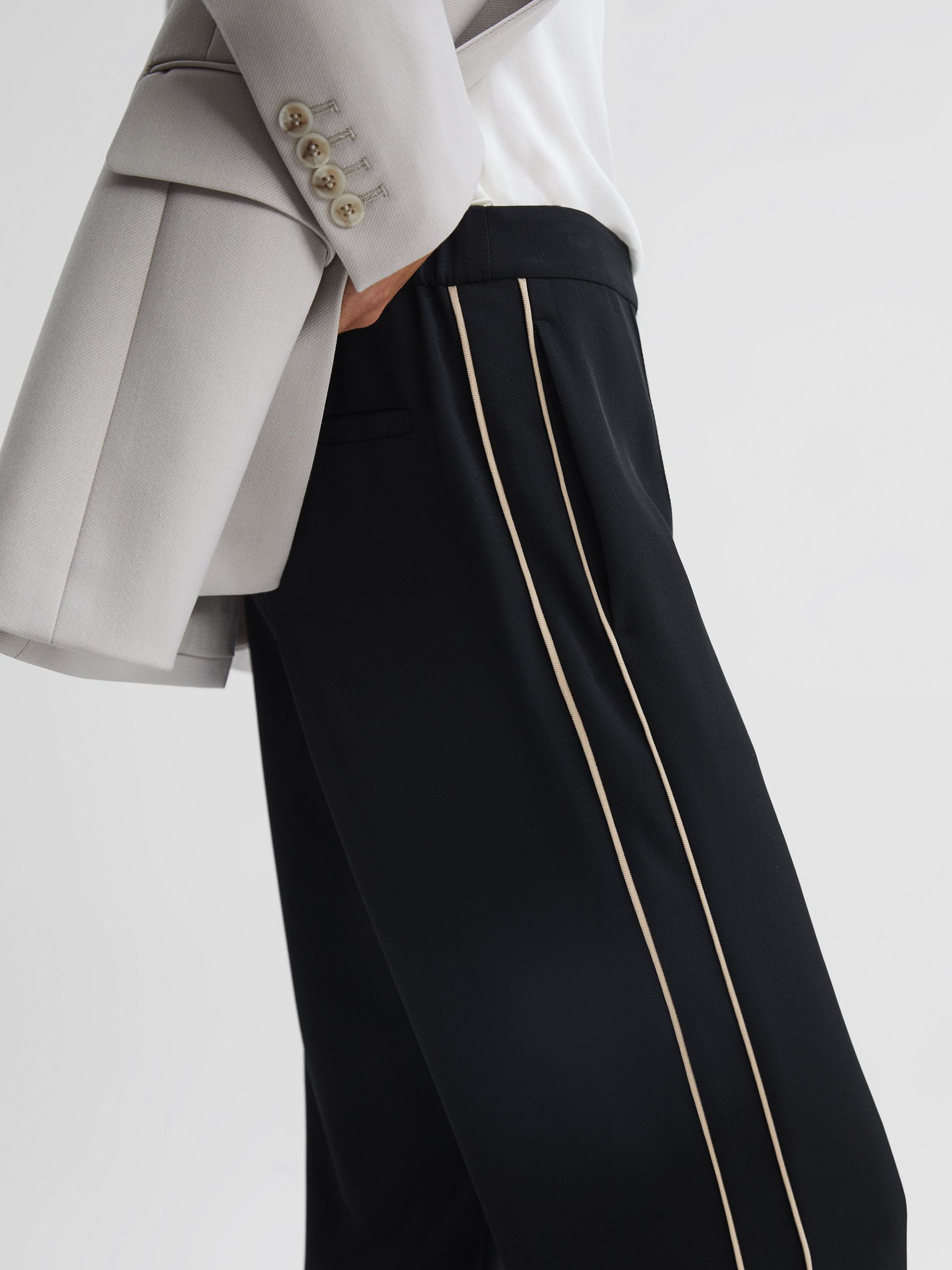 Reiss Wide Leg Side Stripe Trousers in Black | REISS Reiss Wide Leg Side Stripe Trousers in Black | REISS