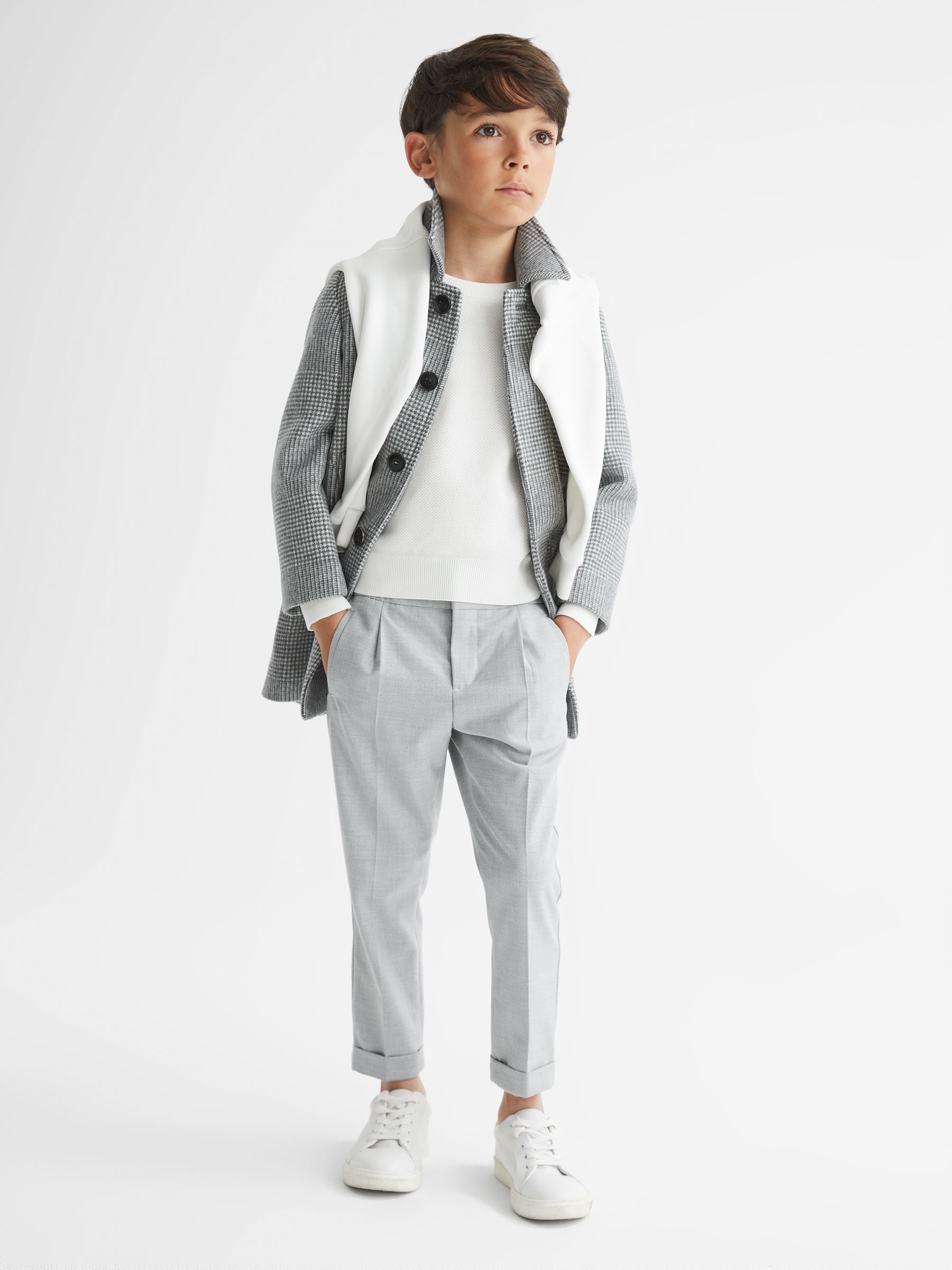 Senior Wool Blend Prince of Wales Check Overcoat in Grey - Image 1 of 5