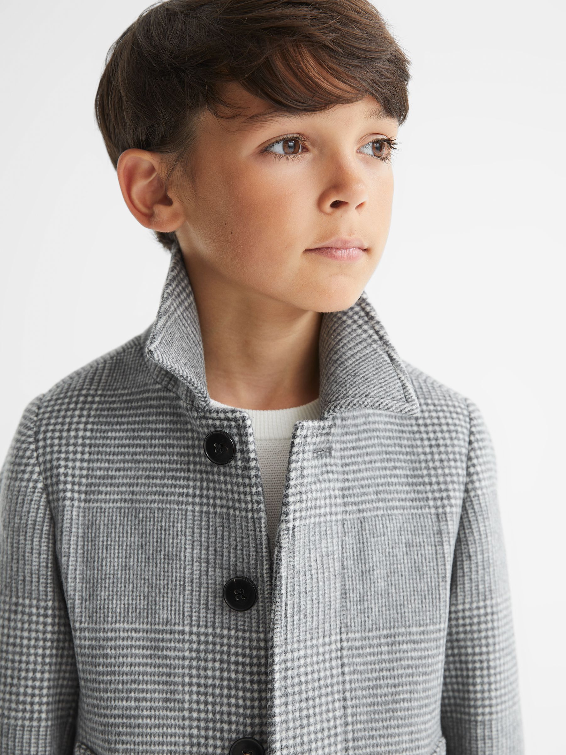 Senior Wool Blend Prince of Wales Check Overcoat in Grey - Image 3 of 5