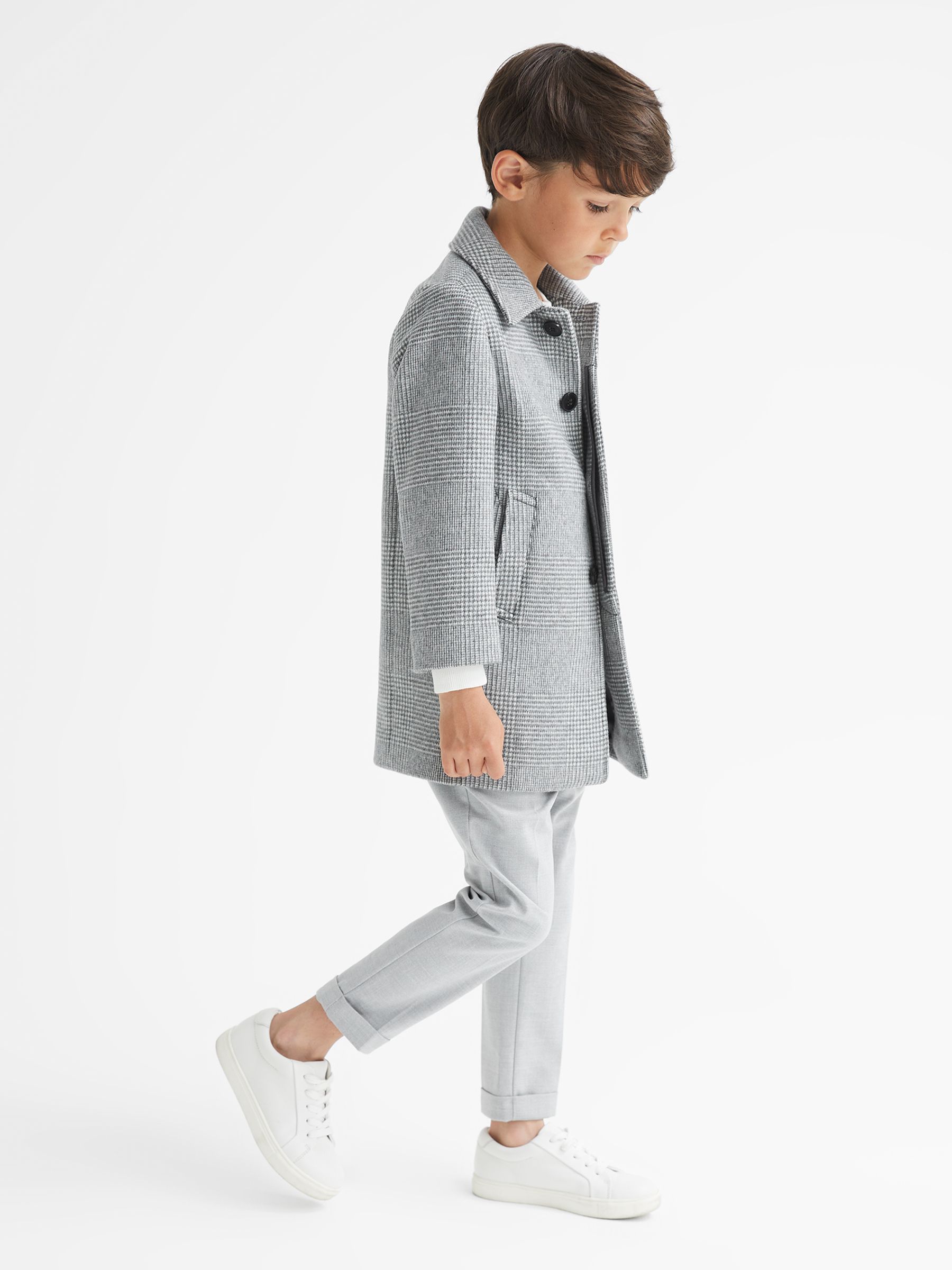 Senior Wool Blend Prince of Wales Check Overcoat in Grey - Image 4 of 5