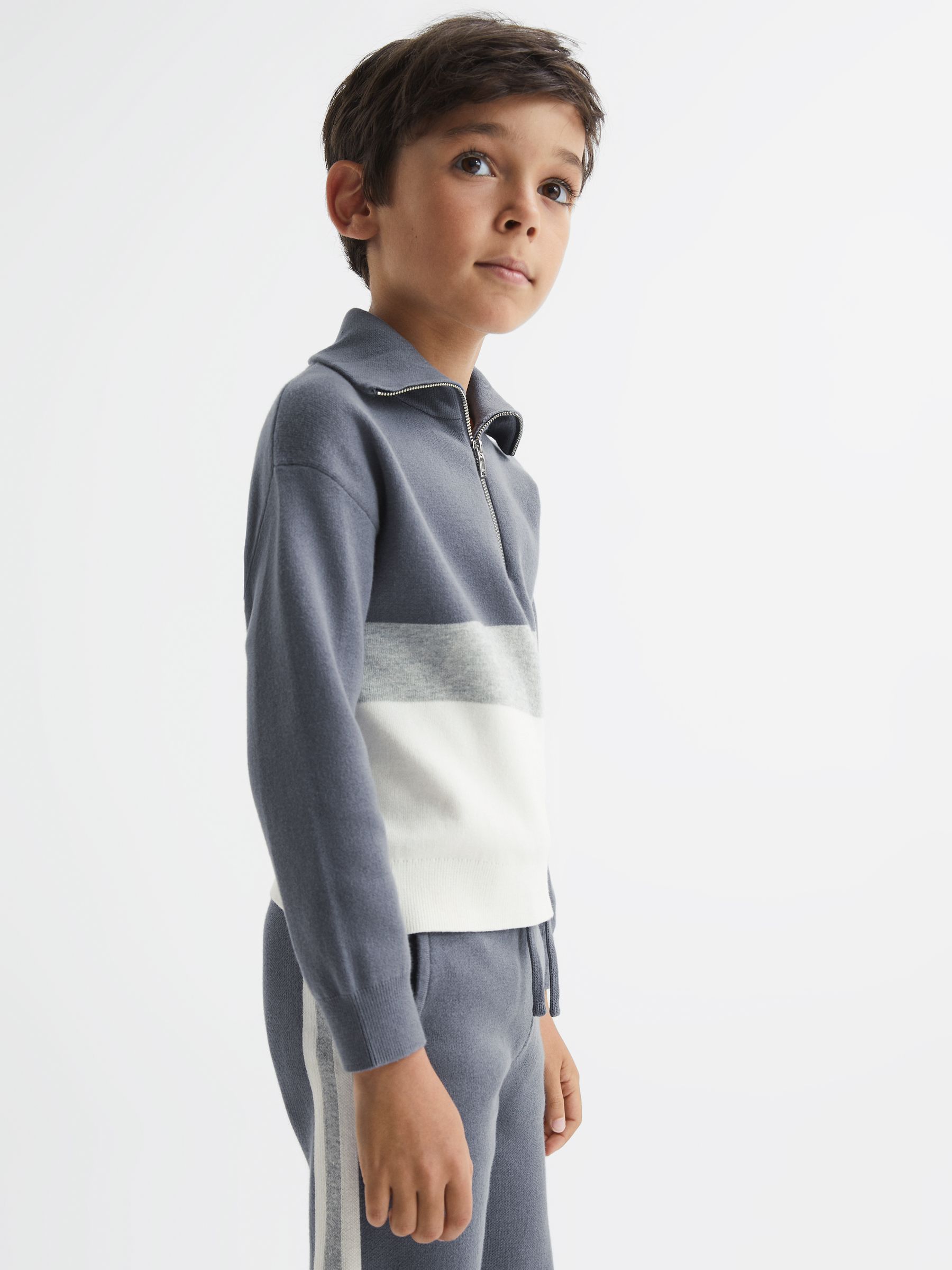 Senior Half Zip Funnel Neck Colourblock Jumper in Airforce Blue - Image 3 of 5