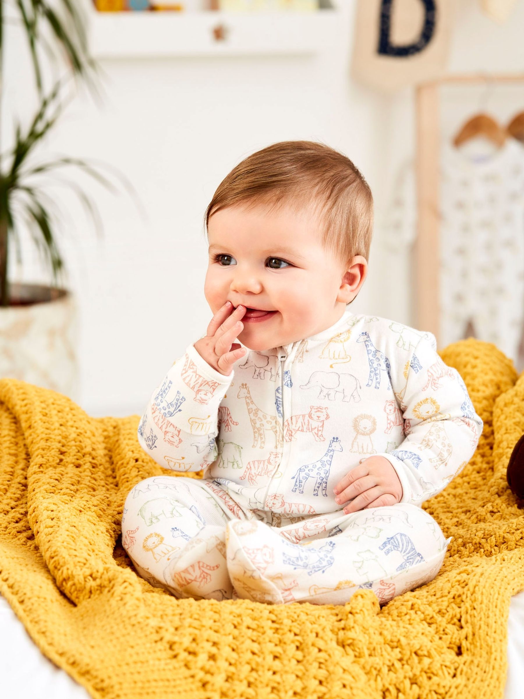 Cream Safari Print Zip Cotton Baby Sleepsuit - Image 1 of 4
