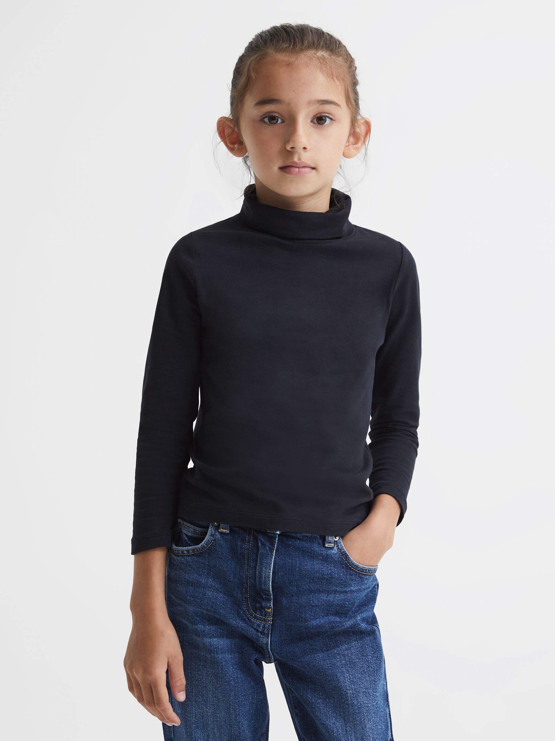 Cotton Blend Roll Neck Top in Navy - Image 1 of 6