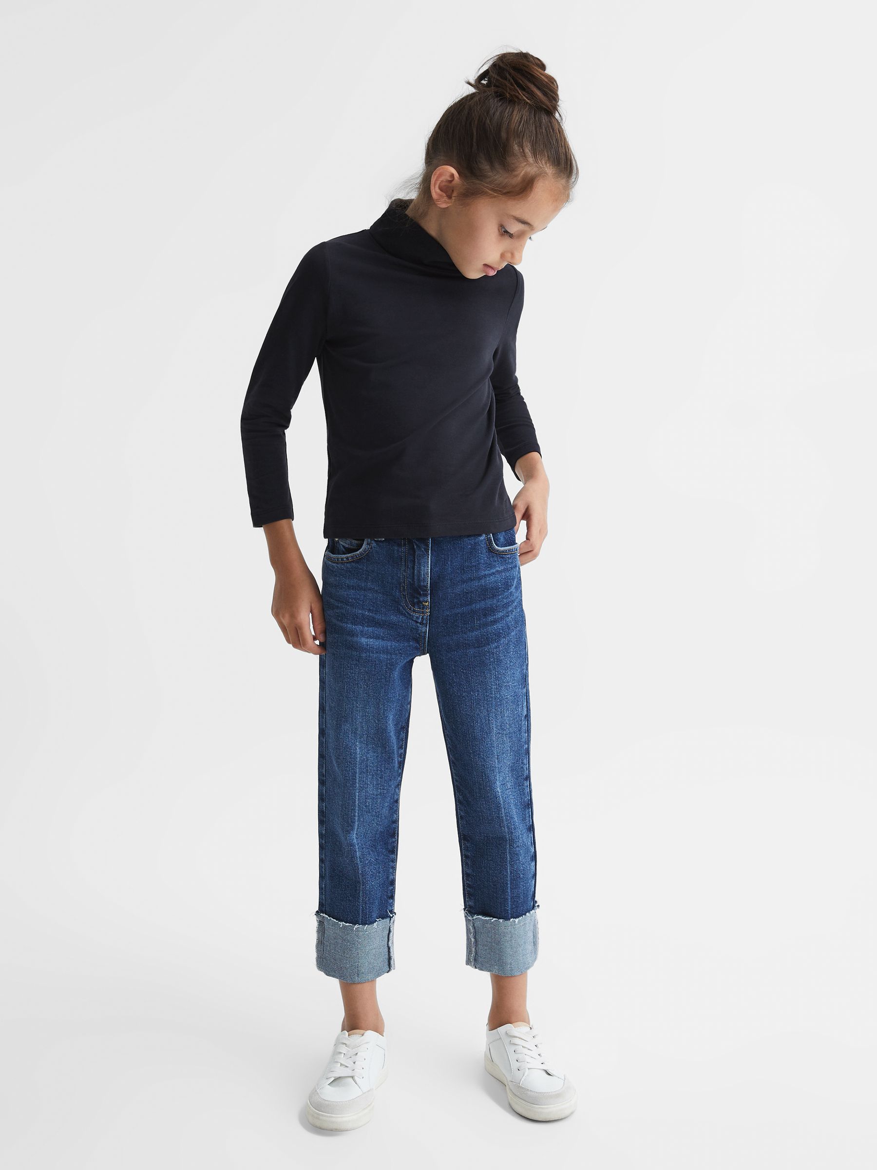 Cotton Blend Roll Neck Top in Navy - Image 4 of 6