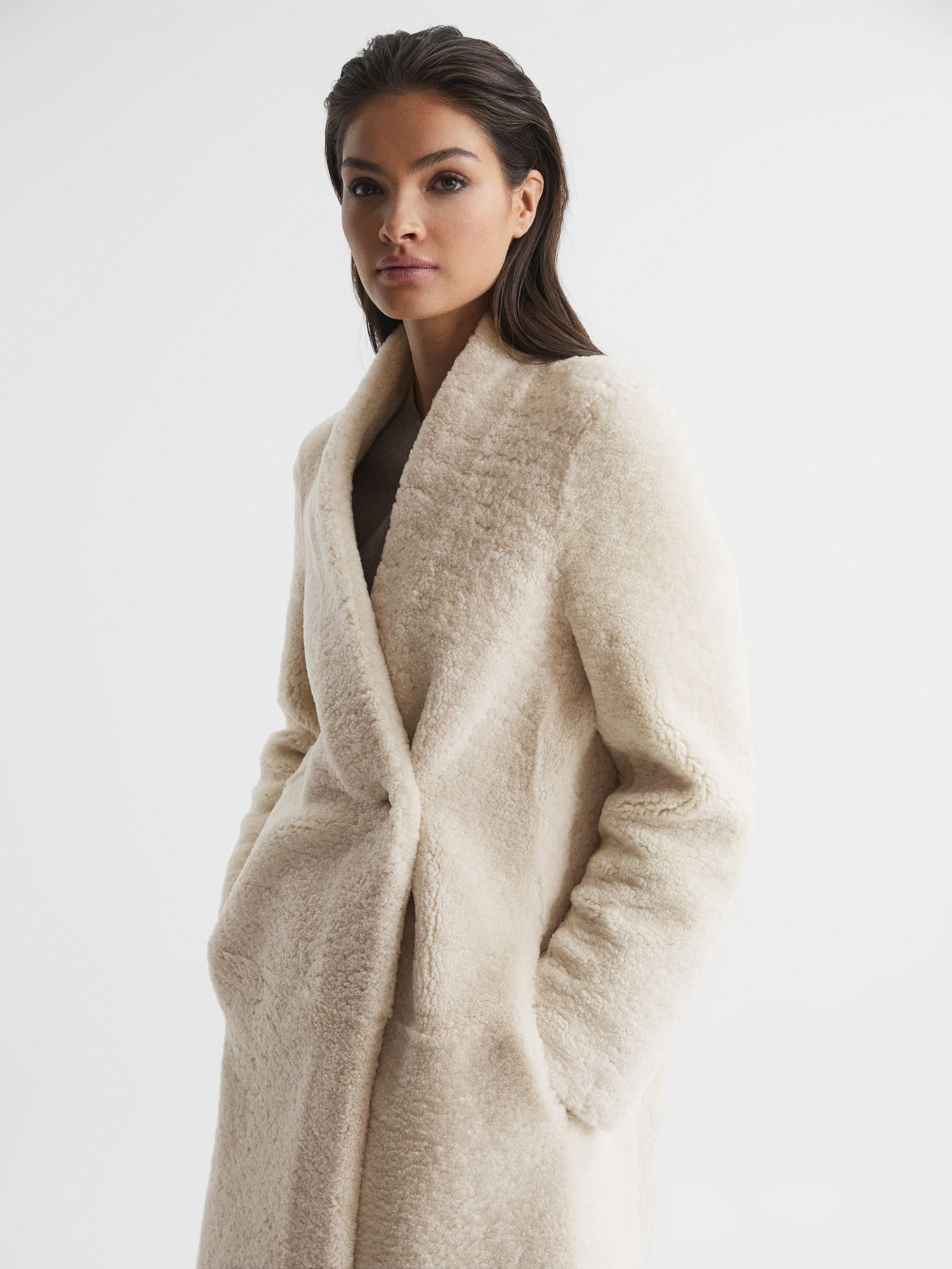 Reversible Long Shearling Coat in Cream - Image 1 of 8
