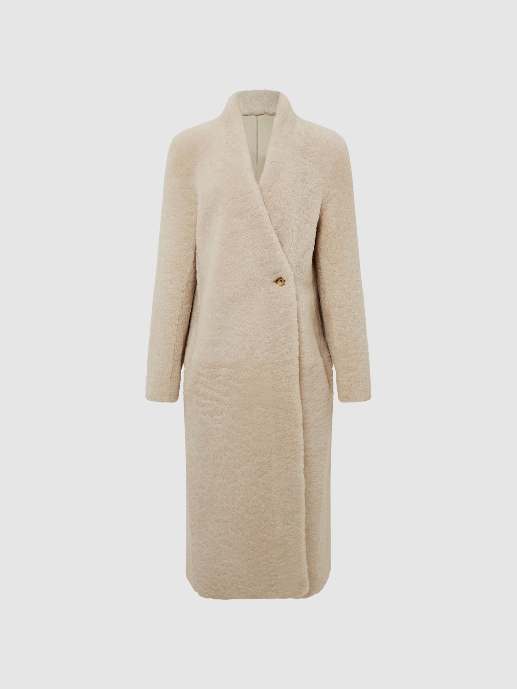 Reversible Long Shearling Coat in Cream - Image 2 of 8