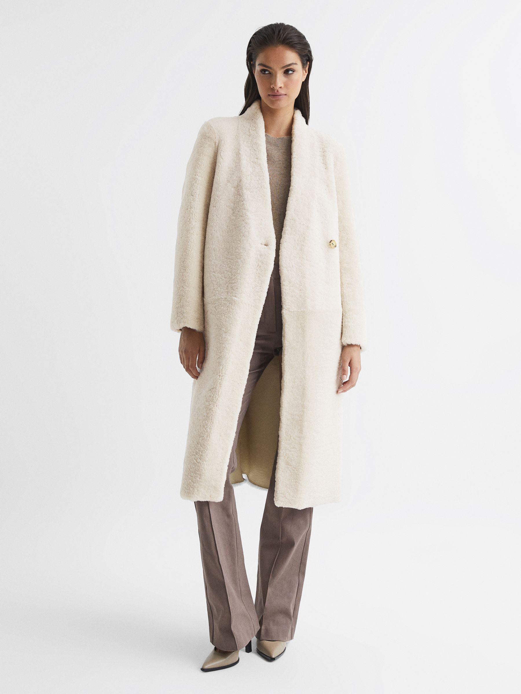 Reversible Long Shearling Coat in Cream - Image 3 of 8