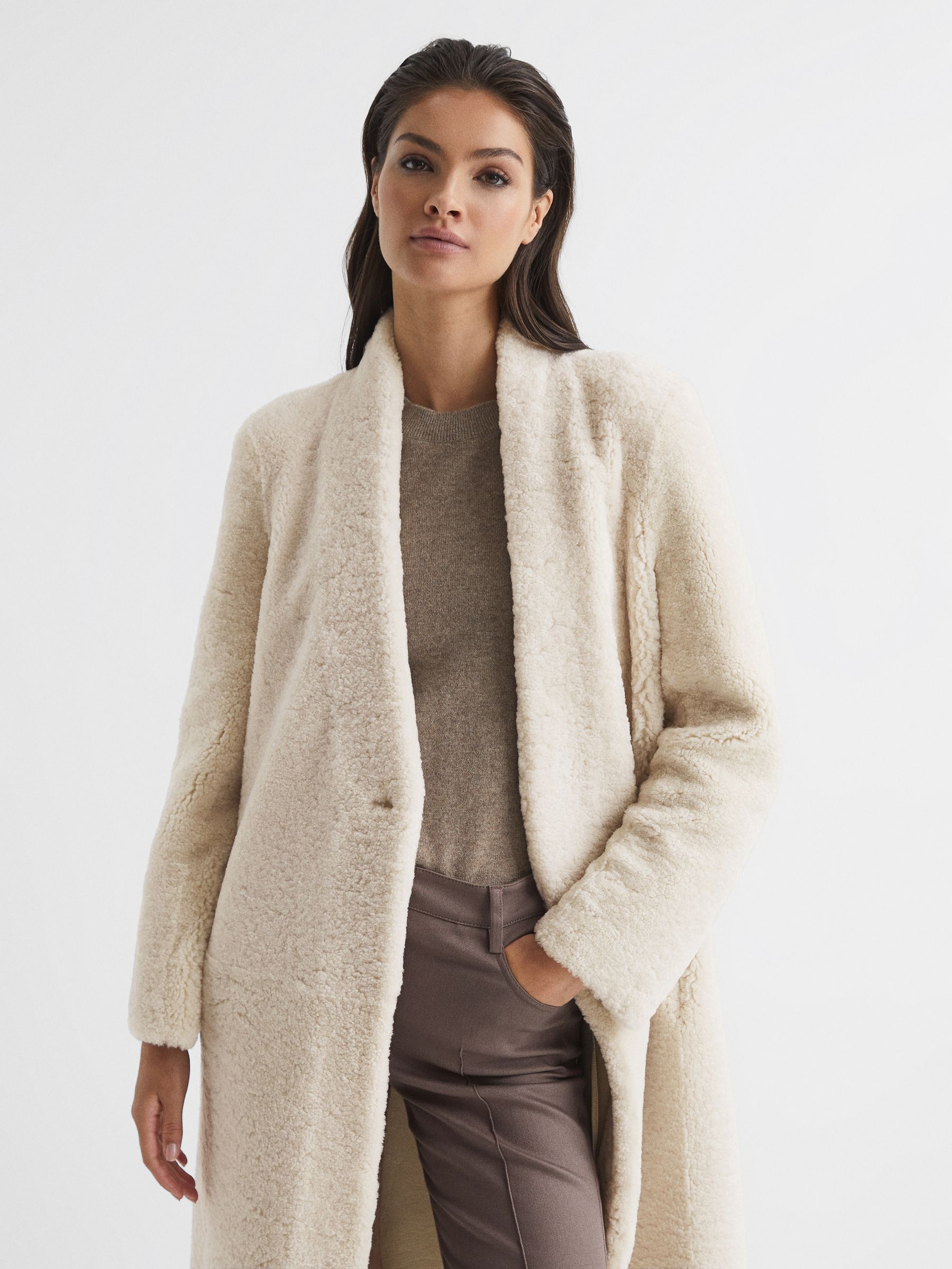 Reversible Long Shearling Coat in Cream - Image 6 of 8