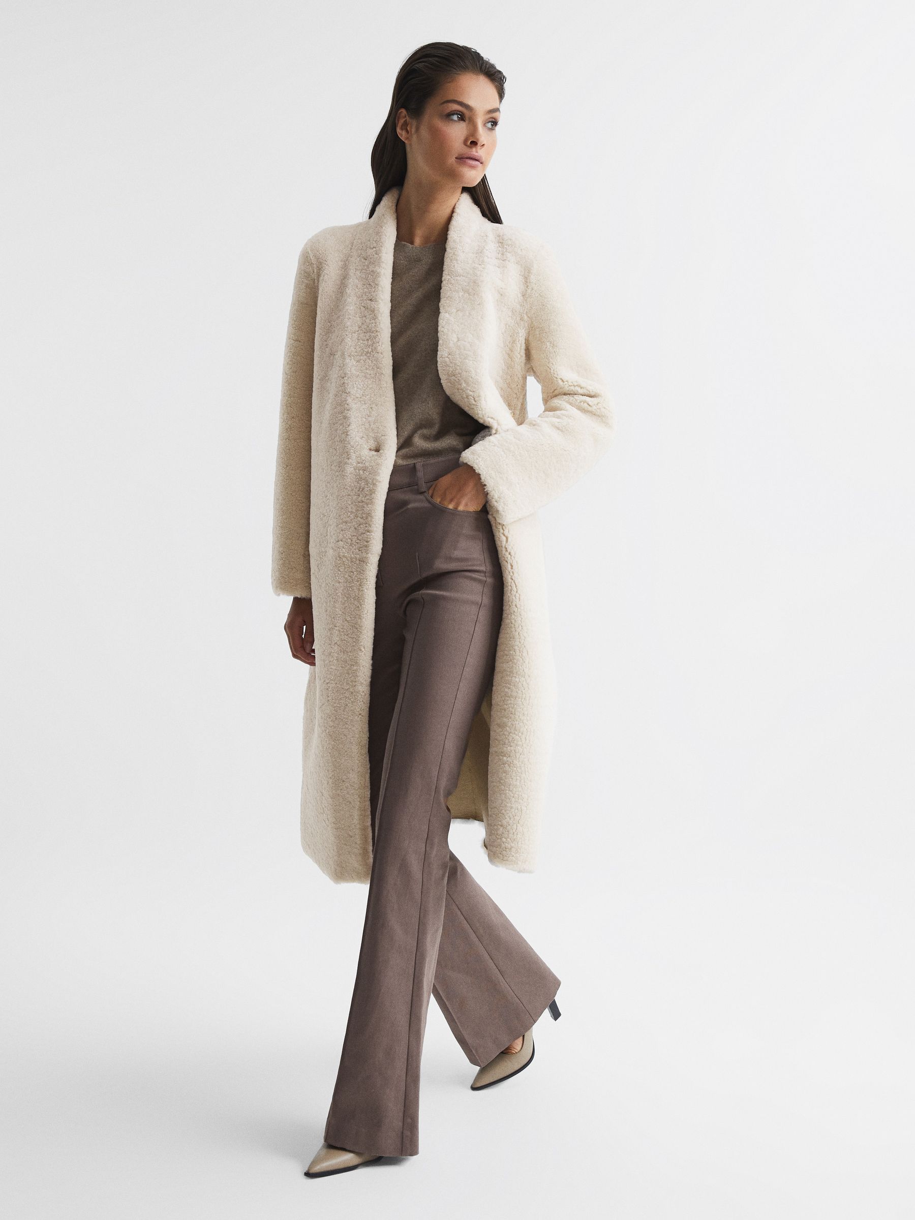 Reversible Long Shearling Coat in Cream - Image 8 of 8