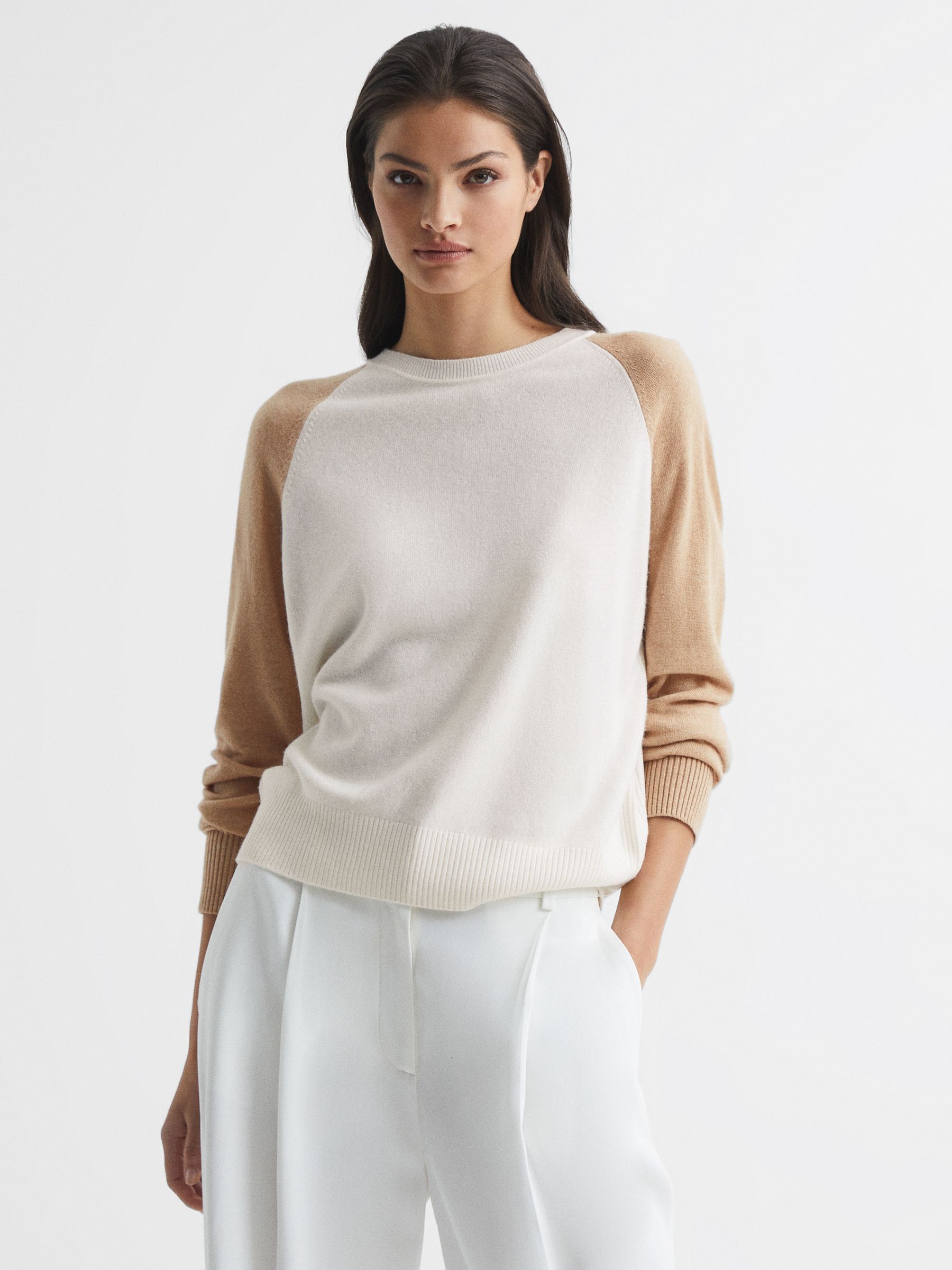 Colourblock Knitted Jumper in Ivory/Camel - Image 1 of 6 Colourblock Knitted Jumper in Ivory/Camel - Image 1 of 6