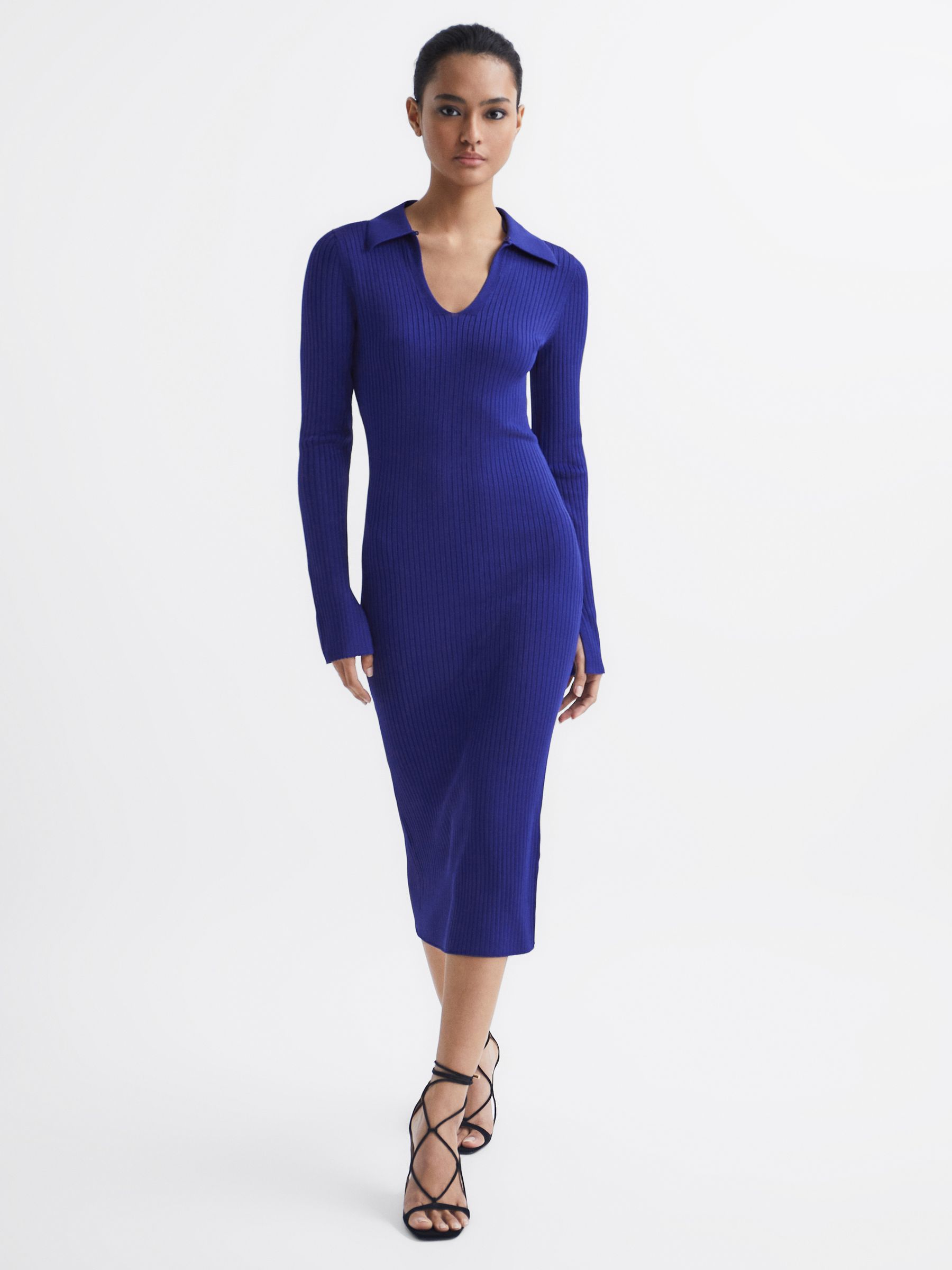 Collared Knitted Bodycon Dress in Blue - Image 1 of 6