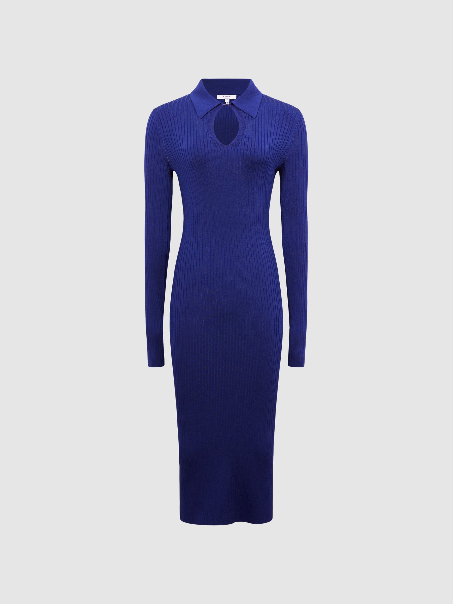 Collared Knitted Bodycon Dress in Blue - Image 2 of 6