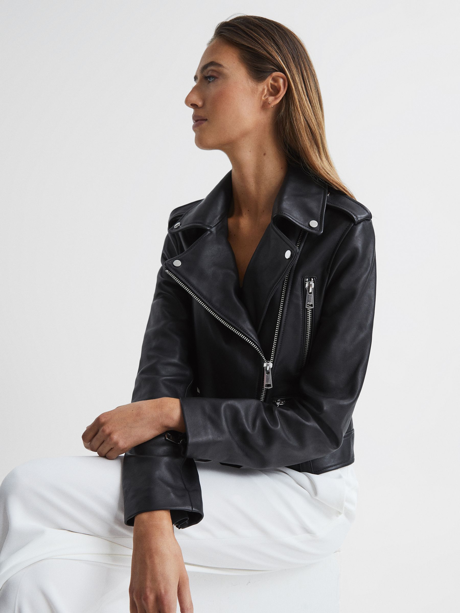 Leather Biker Jacket in Black - Image 6 of 7