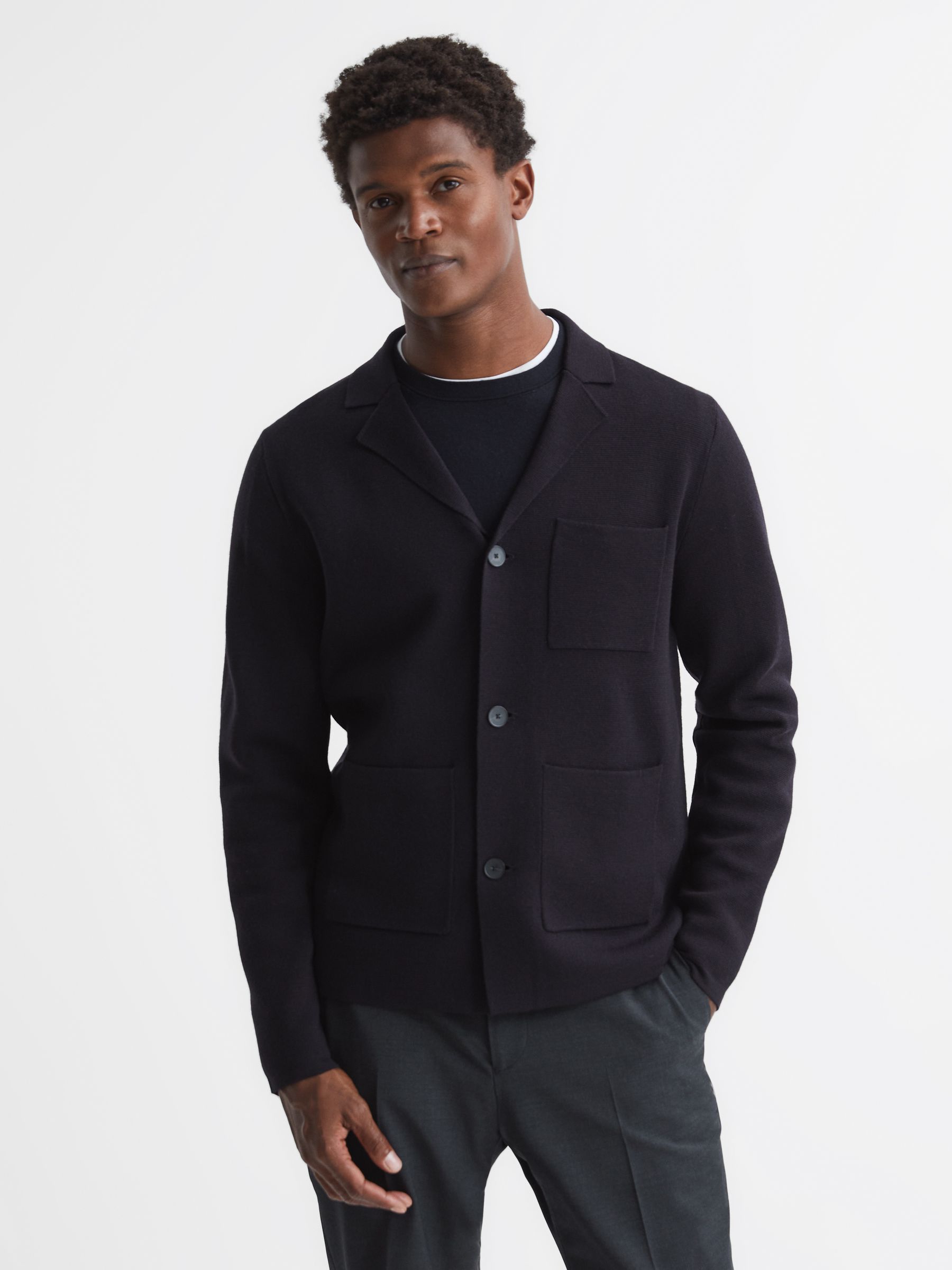 Button Through Slim Fit Wool Blazer in Navy - Image 1 of 6