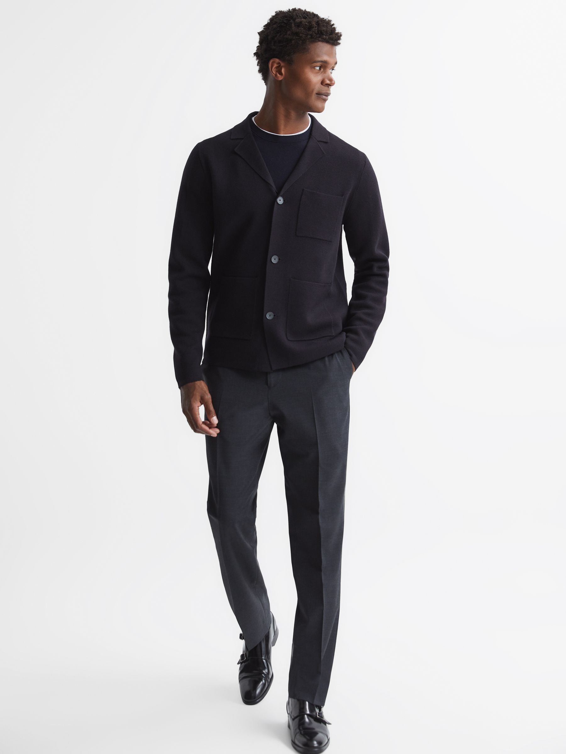 Button Through Slim Fit Wool Blazer in Navy - Image 3 of 6