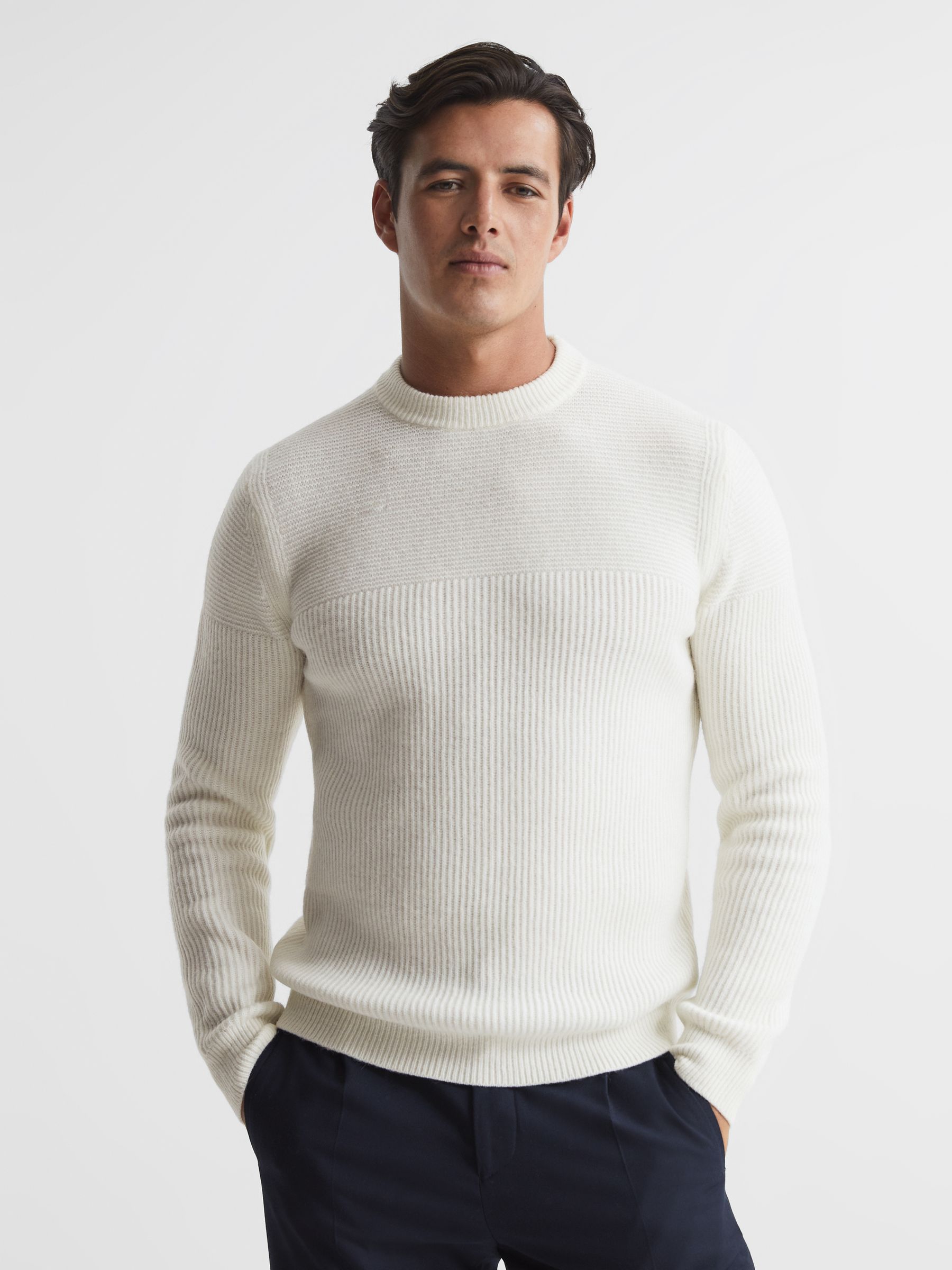 Crew Neck Ribbed Jumper in Ecru - Image 1 of 6