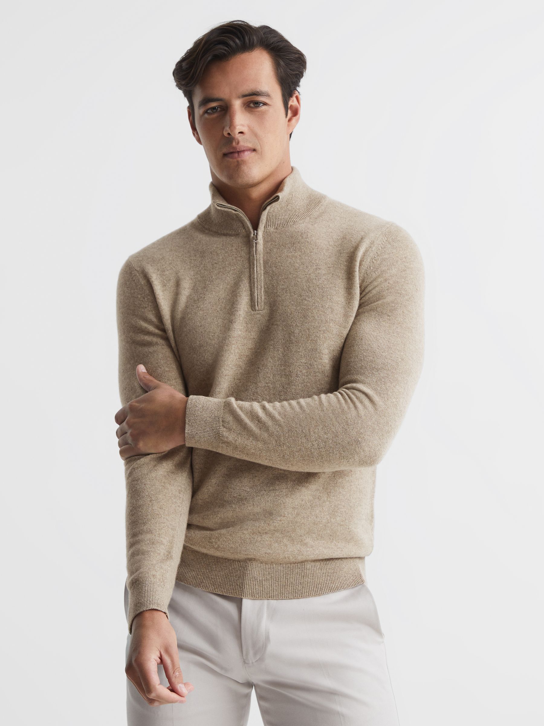 Cashmere Slim Fit Half Zip Jumper in Grain - Image 1 of 7 Cashmere Slim Fit Half Zip Jumper in Grain - Image 1 of 7