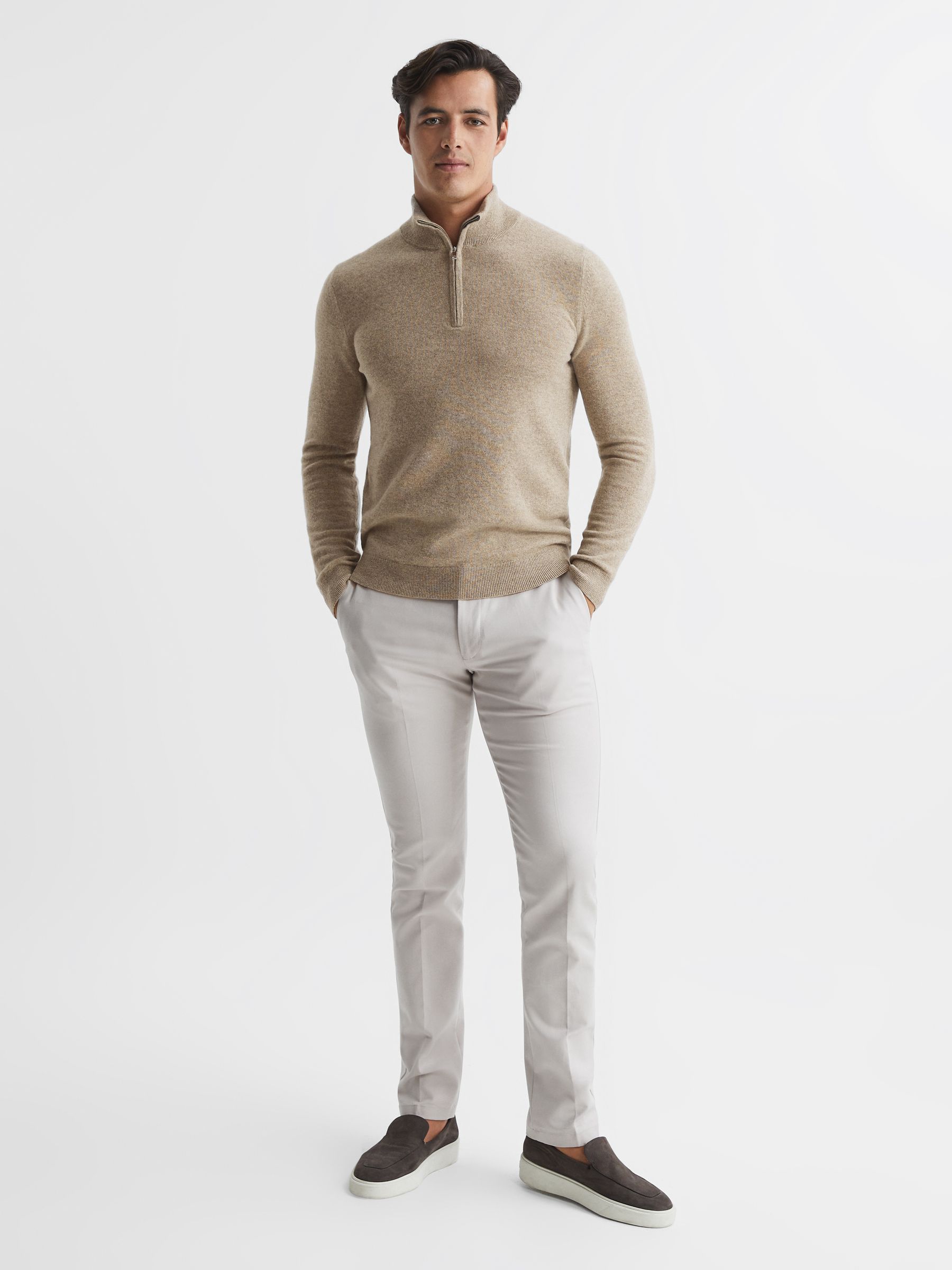 Cashmere Slim Fit Half Zip Jumper in Grain - Image 3 of 7