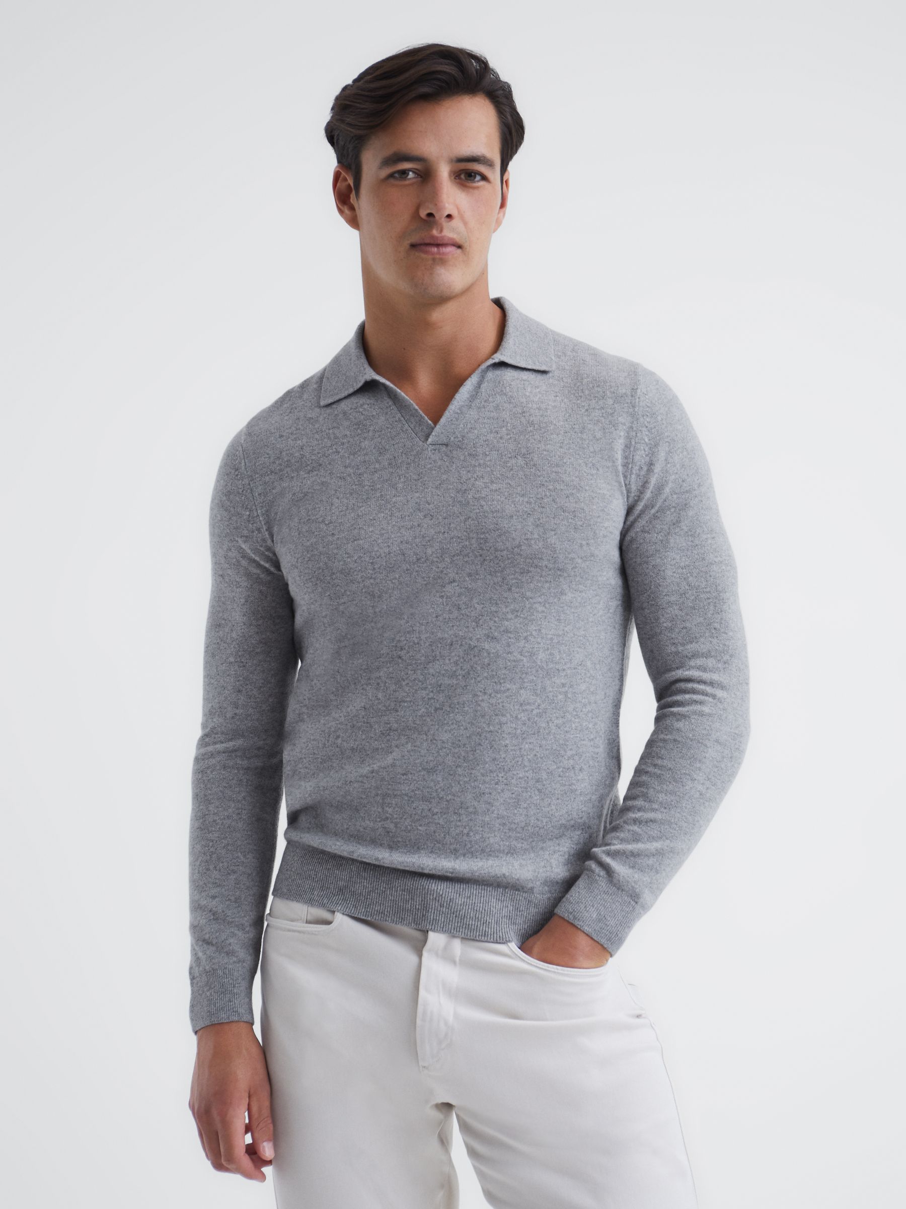 Cashmere Open Collar Polo Shirt in Soft Grey - Image 1 of 7 Cashmere Open Collar Polo Shirt in Soft Grey - Image 1 of 7