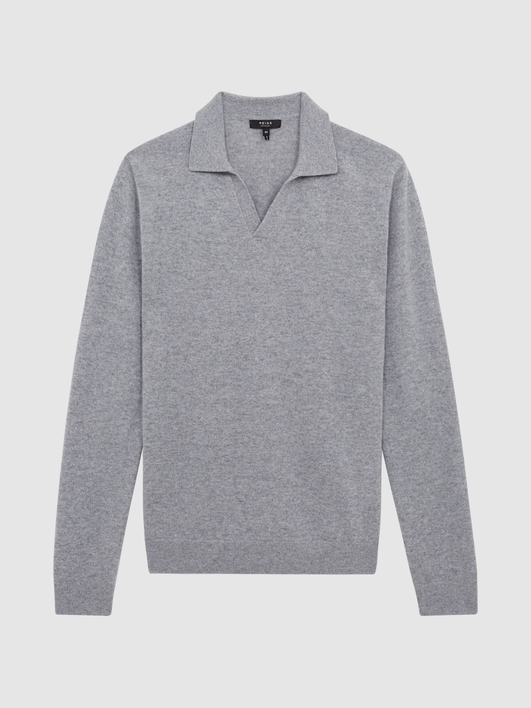Cashmere Open Collar Polo Shirt in Soft Grey - Image 2 of 7 Cashmere Open Collar Polo Shirt in Soft Grey - Image 2 of 7