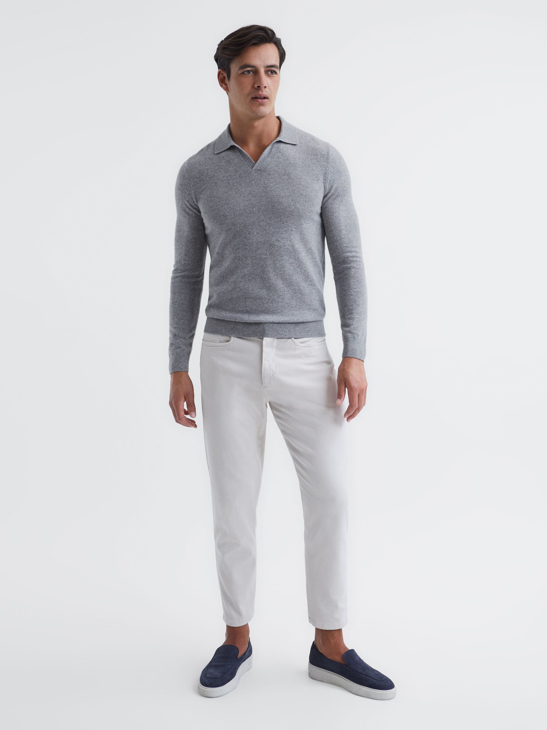Cashmere Open Collar Polo Shirt in Soft Grey - Image 3 of 7