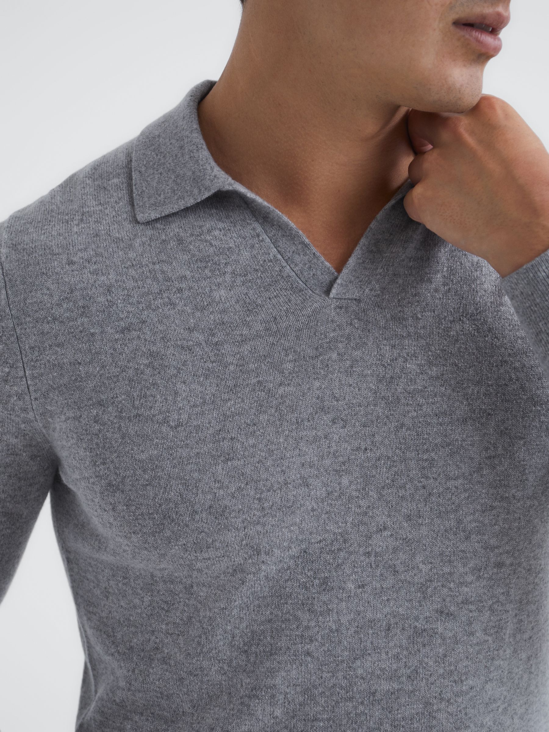 Cashmere Open Collar Polo Shirt in Soft Grey - Image 7 of 7