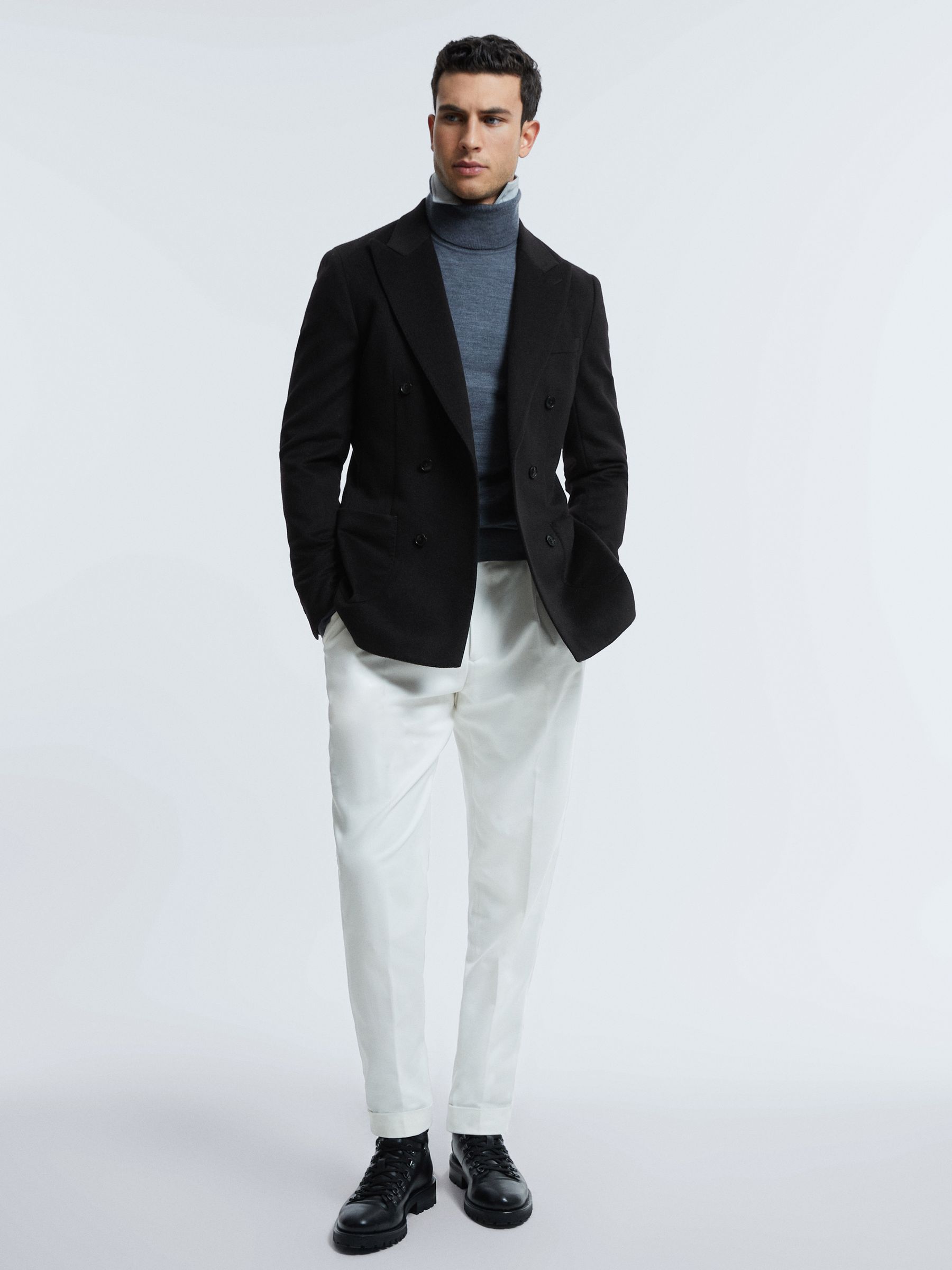 Atelier Cashmere Slim Fit Double Breasted Blazer in Black - Image 3 of 8