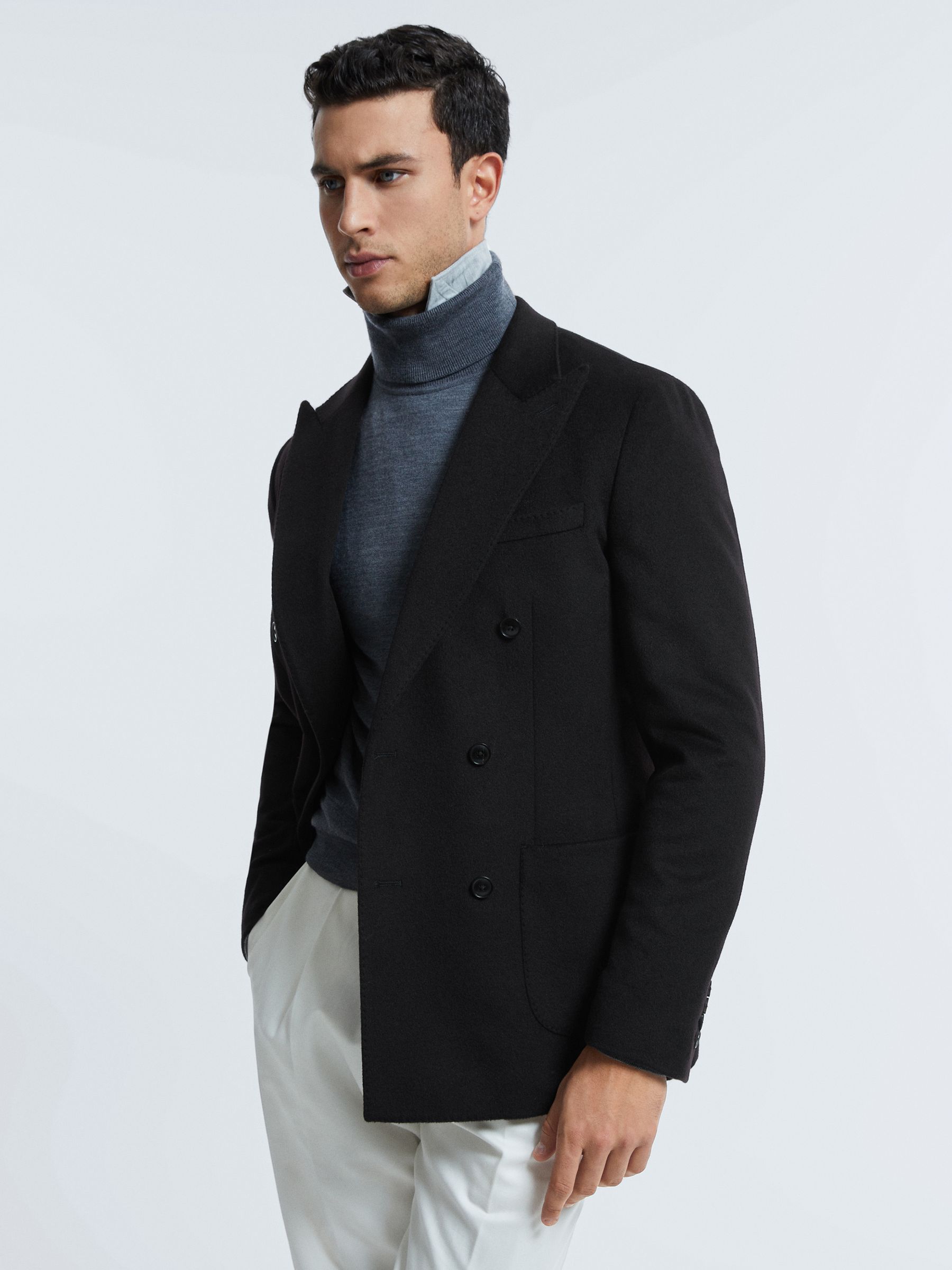Atelier Cashmere Slim Fit Double Breasted Blazer in Black - Image 6 of 8