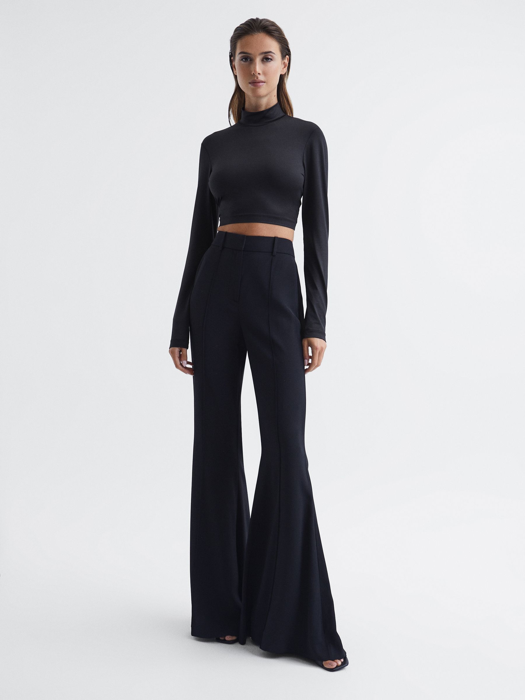 Long Sleeve High Neck Crop Top in Black - Image 3 of 5