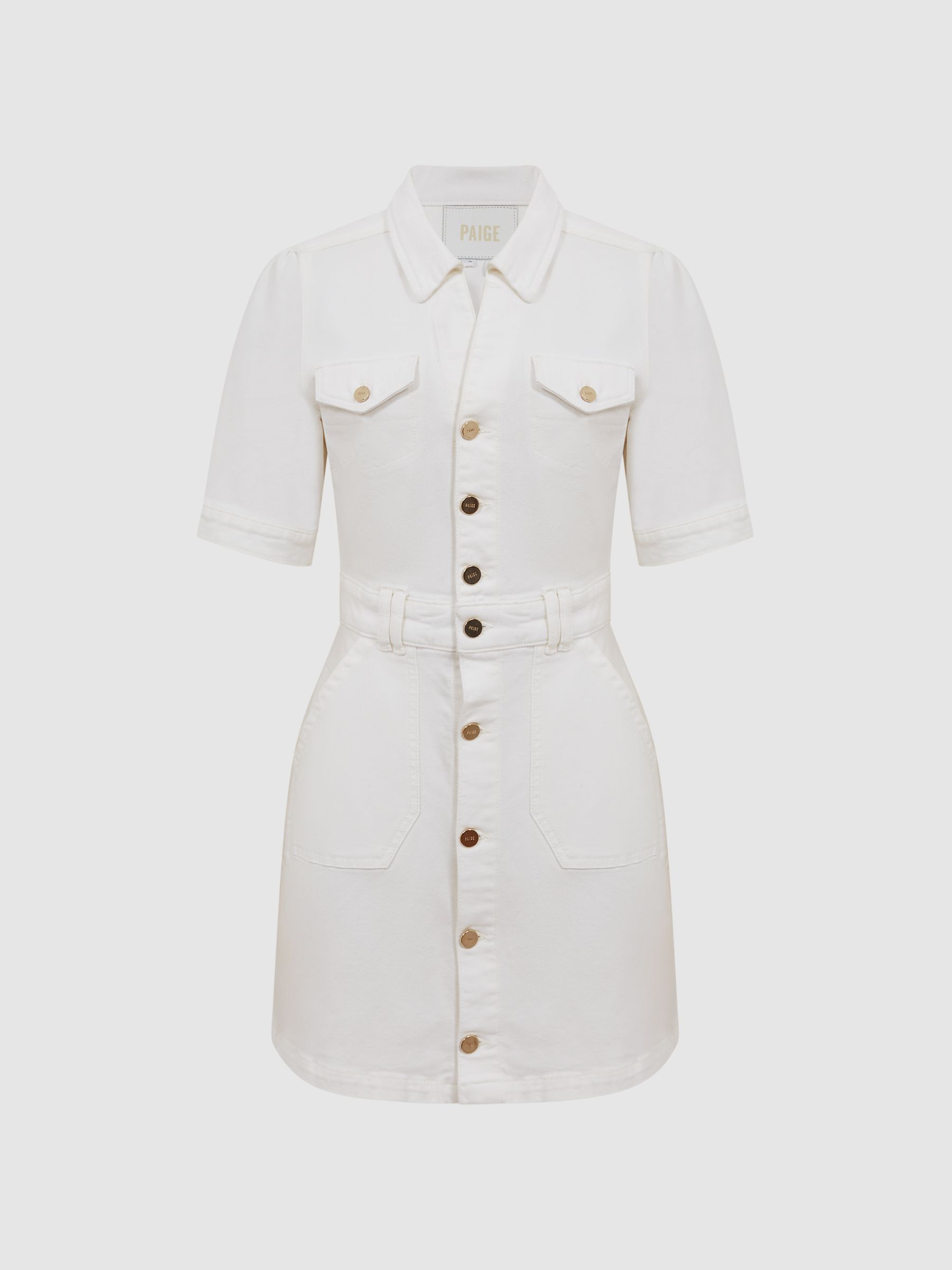 PAIGE Button Through Denim Mini Dress in White - Image 2 of 7 PAIGE Button Through Denim Mini Dress in White - Image 2 of 7