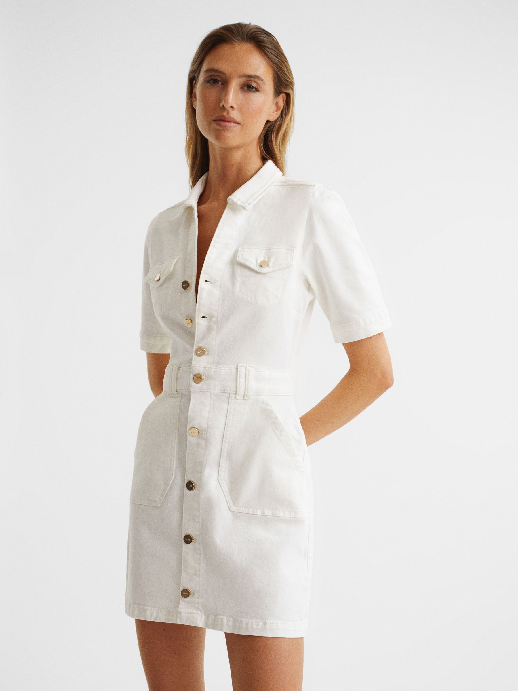 PAIGE Button Through Denim Mini Dress in White - Image 3 of 7