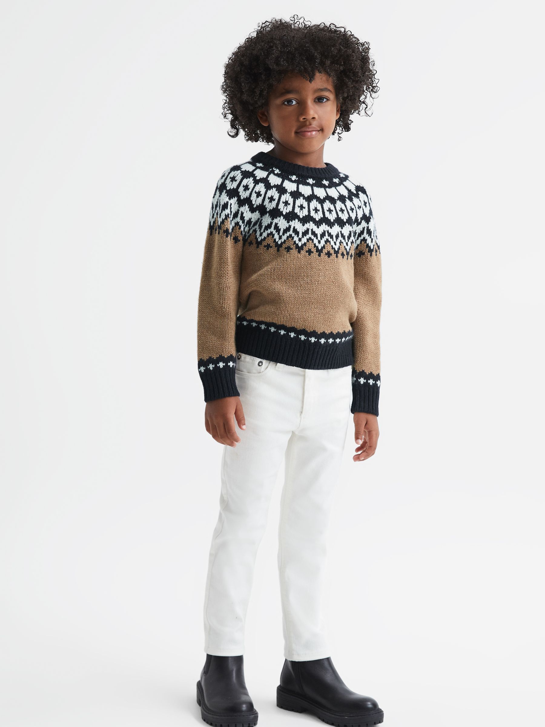 Junior Fairisle Pattern Crew Neck Wool Cashmere Jumper in Camel - 圖片 1/7