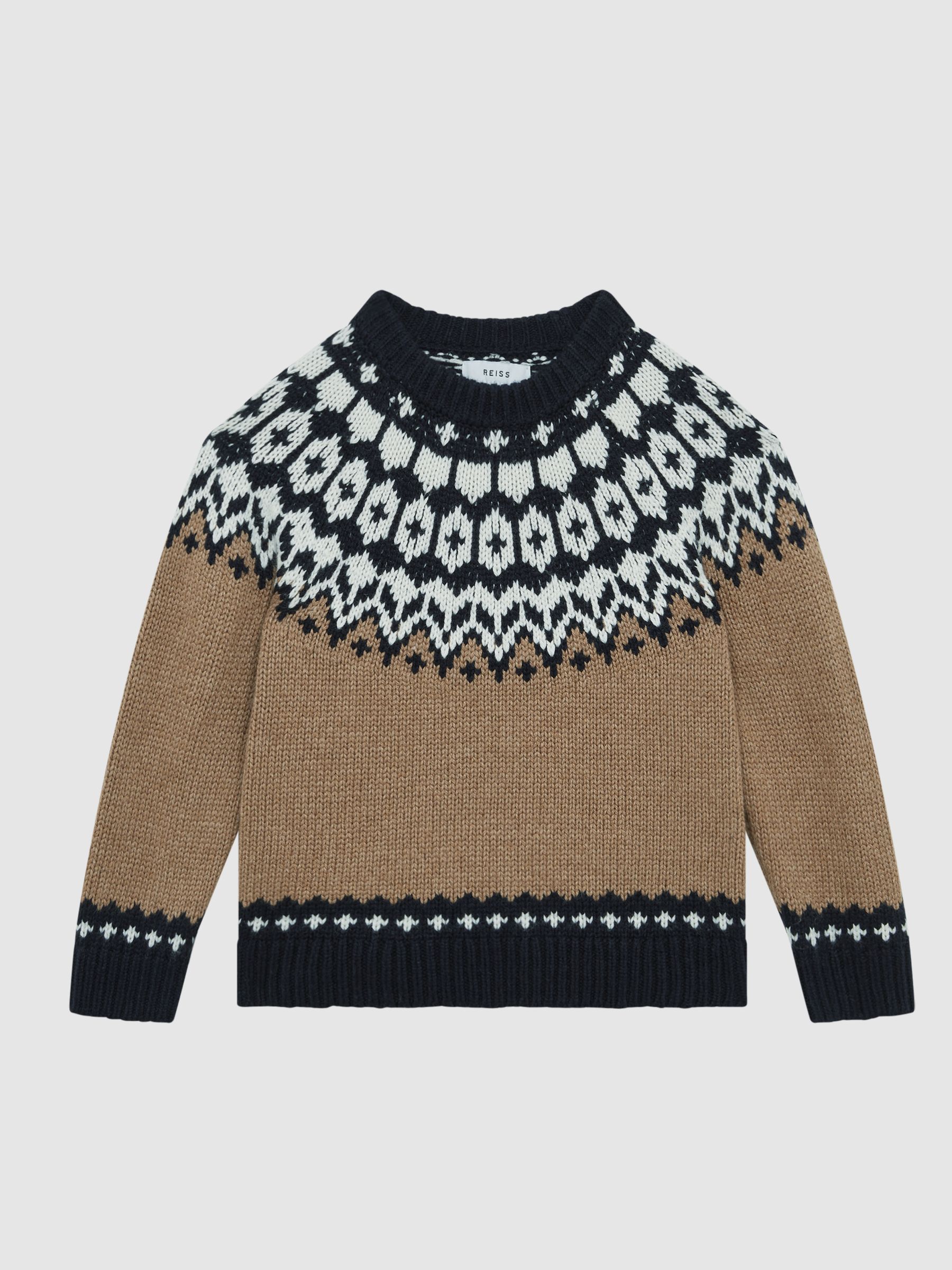 Junior Fairisle Pattern Crew Neck Wool Cashmere Jumper in Camel - 圖片 2/7