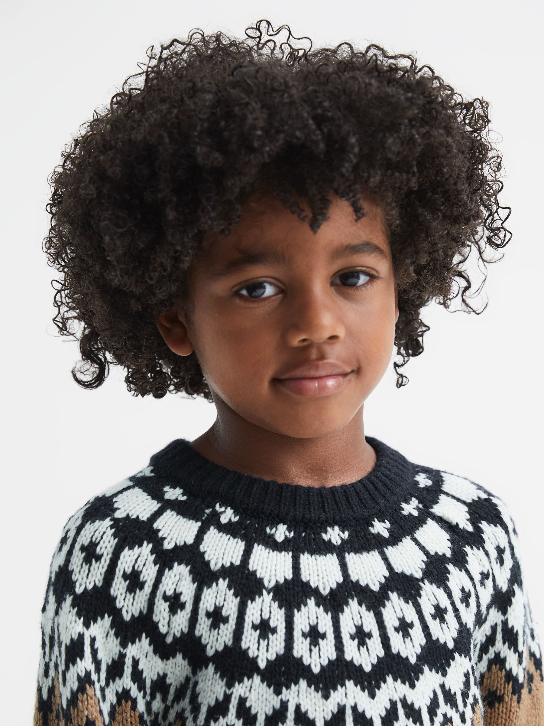 Junior Fairisle Pattern Crew Neck Wool Cashmere Jumper in Camel - 圖片 3/7