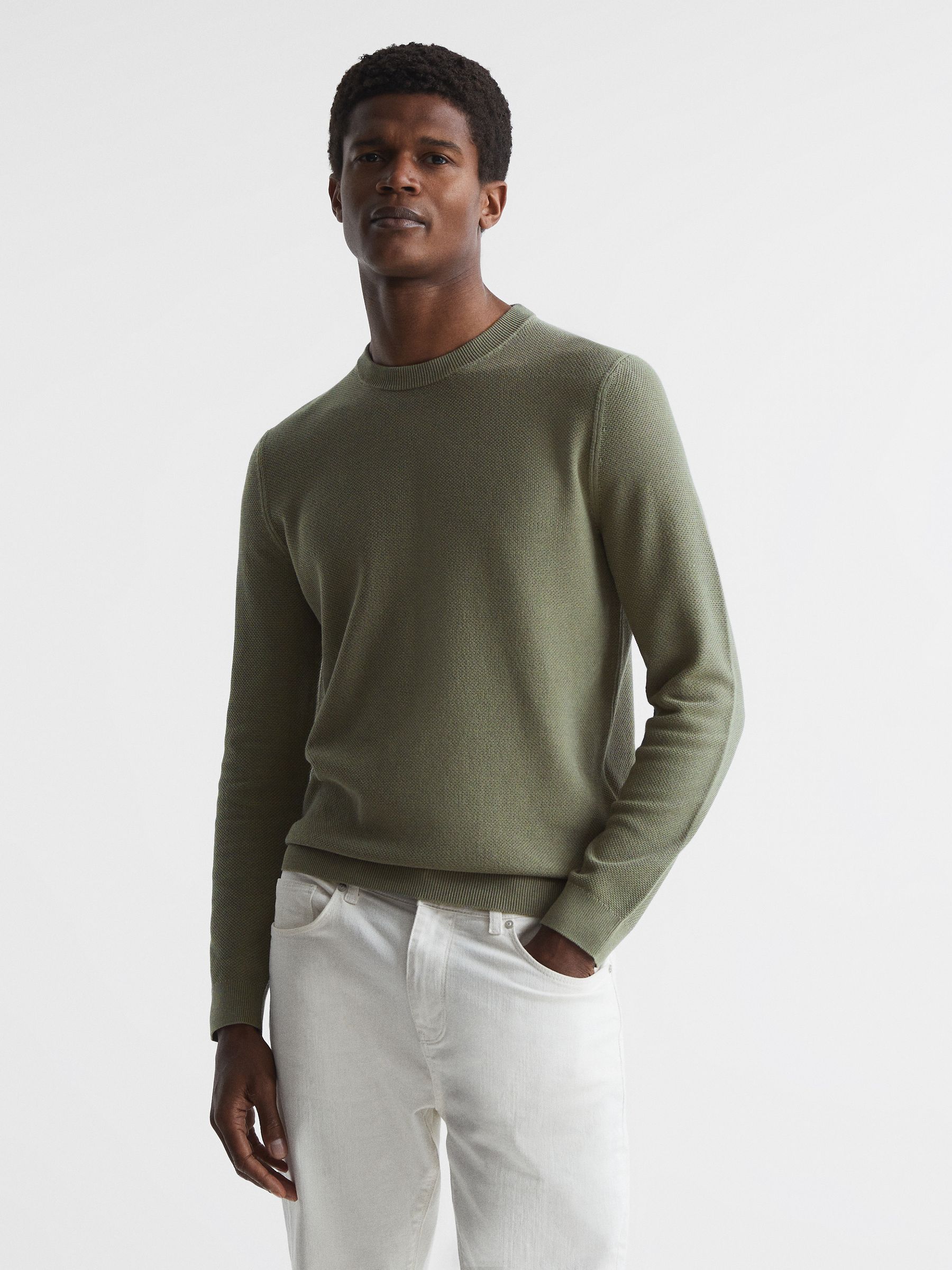 Stitch Interest Crew Neck Jumper in Sage - Image 1 of 6 Stitch Interest Crew Neck Jumper in Sage - Image 1 of 6