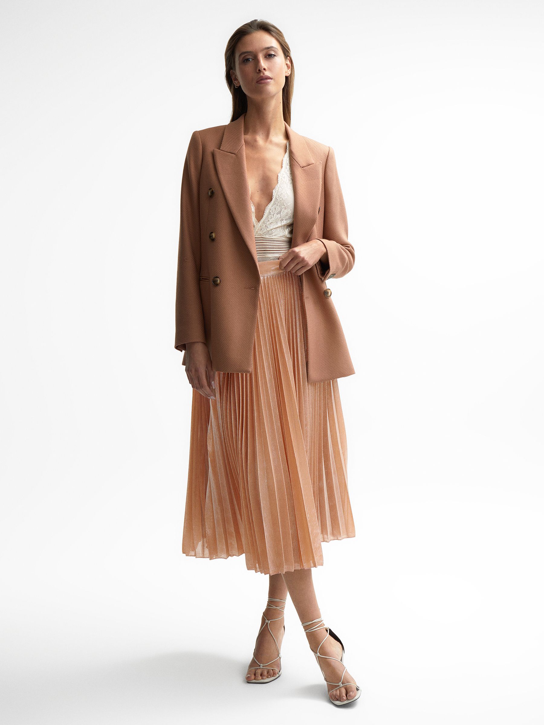 Metallic Pleated Skirt in Nude - Image 1 of 6 Metallic Pleated Skirt in Nude - Image 1 of 6