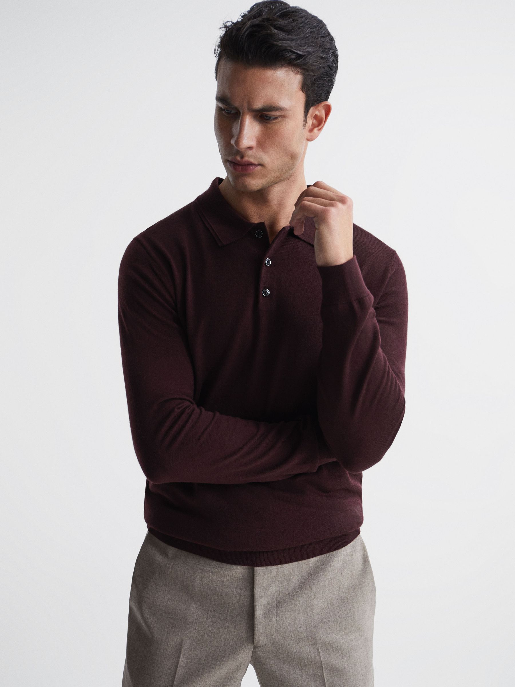 Merino Wool Polo Shirt in Bordeaux - Image 1 of 6