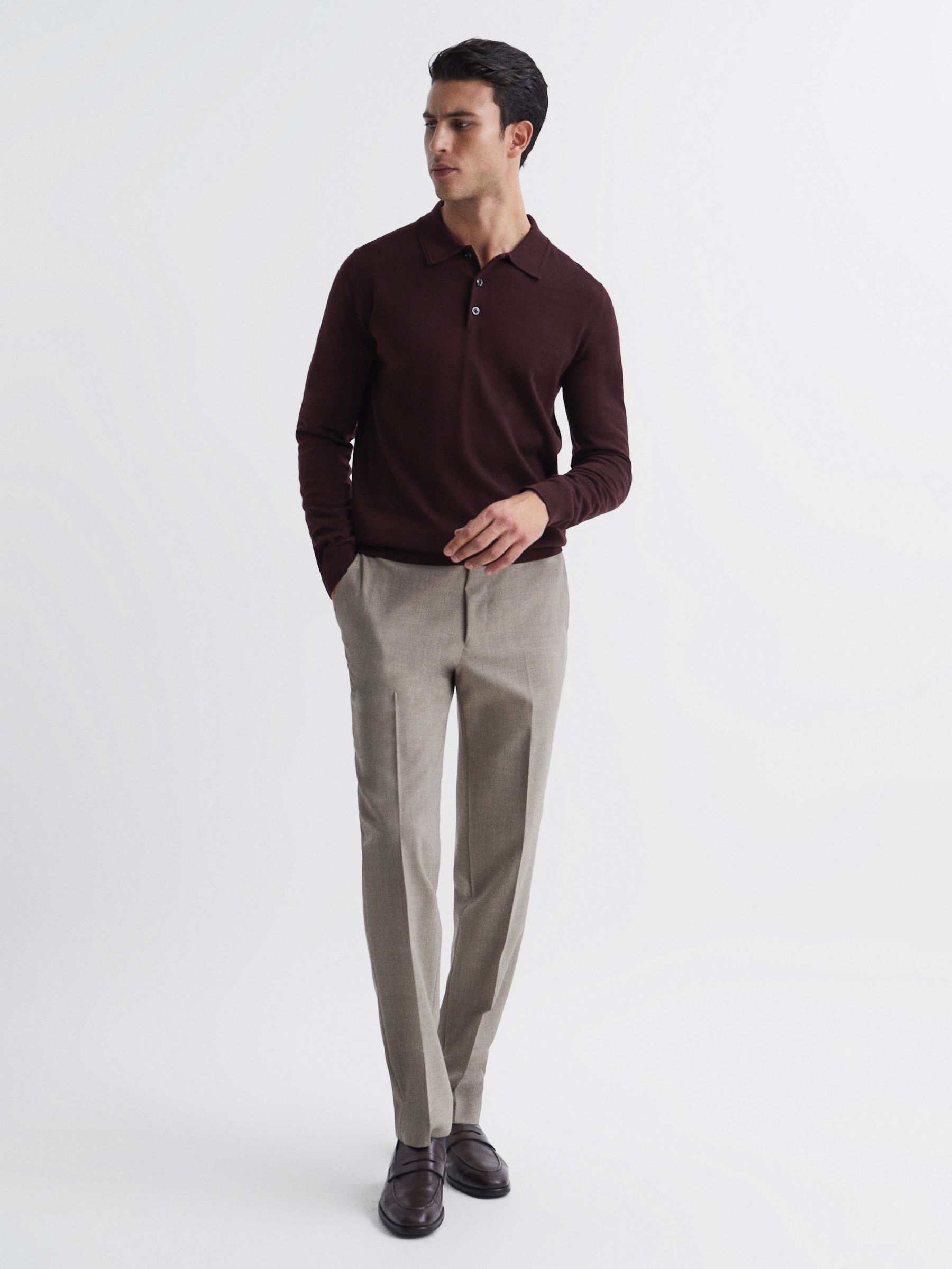 Merino Wool Polo Shirt in Bordeaux - Image 3 of 6