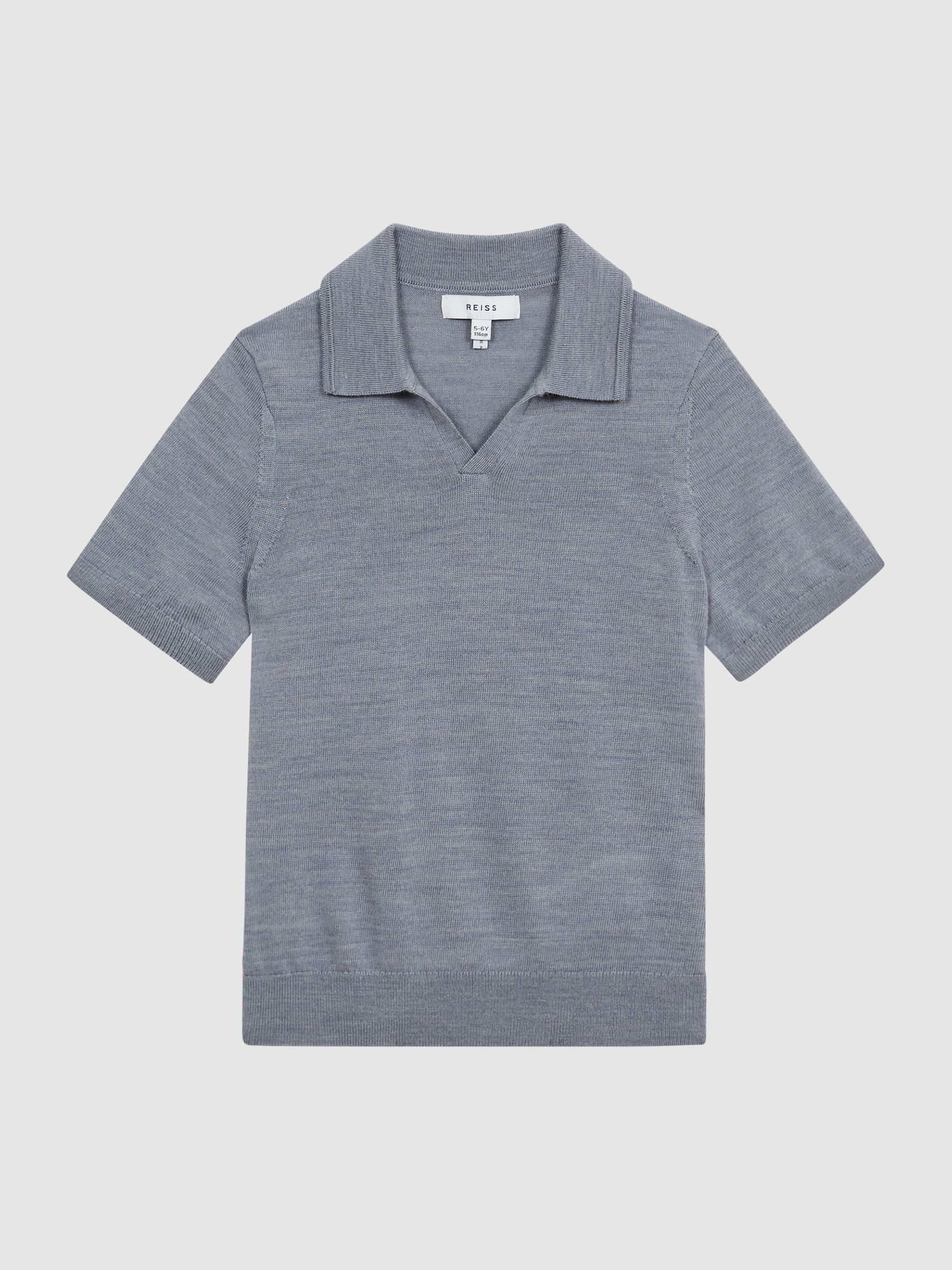 Merino Wool Open Collar Polo Shirt in Denim Melange - Image 2 of 7