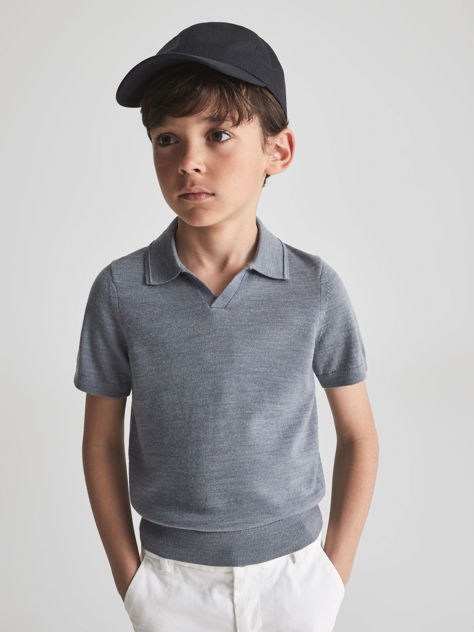 Merino Wool Open Collar Polo Shirt in Denim Melange - Image 3 of 7