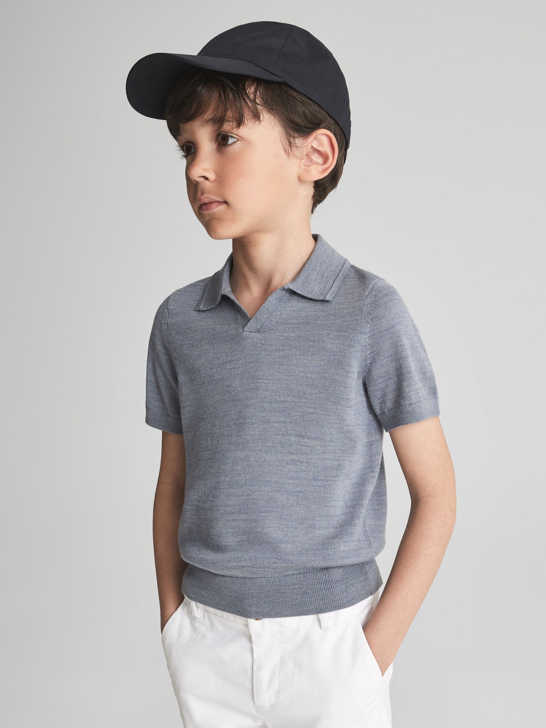 Merino Wool Open Collar Polo Shirt in Denim Melange - Image 4 of 7