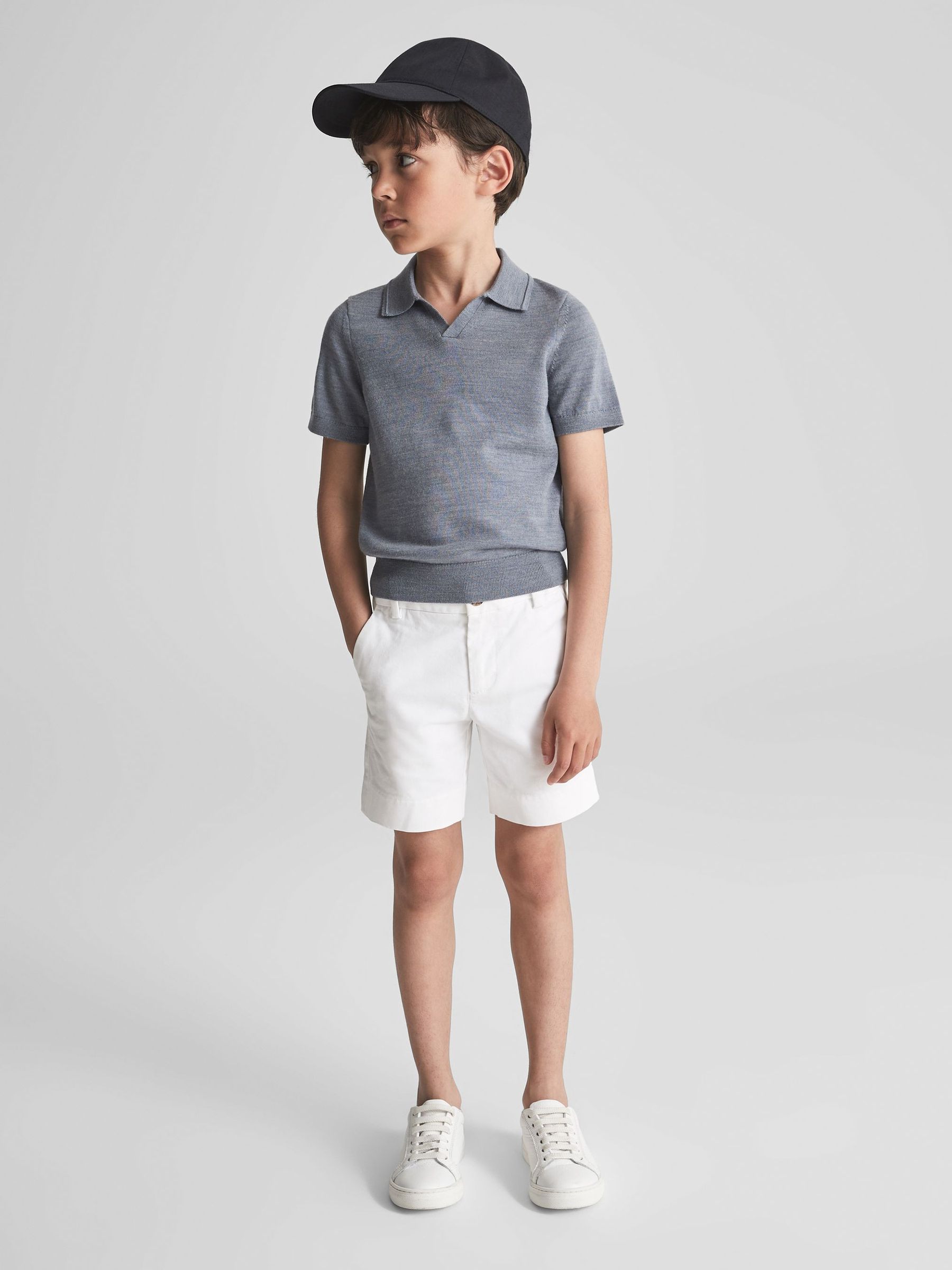 Merino Wool Open Collar Polo Shirt in Denim Melange - Image 6 of 7