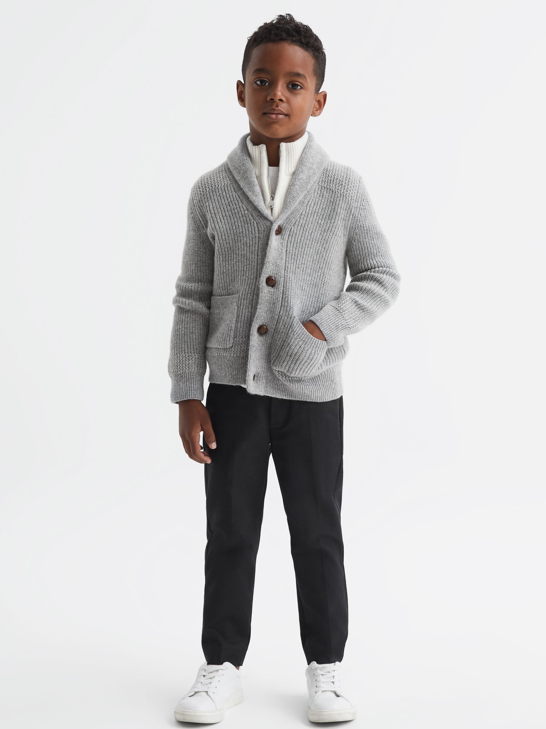 Junior Shawl Collar Cashmere Cardigan in Soft Grey Melange - Image 3 of 6