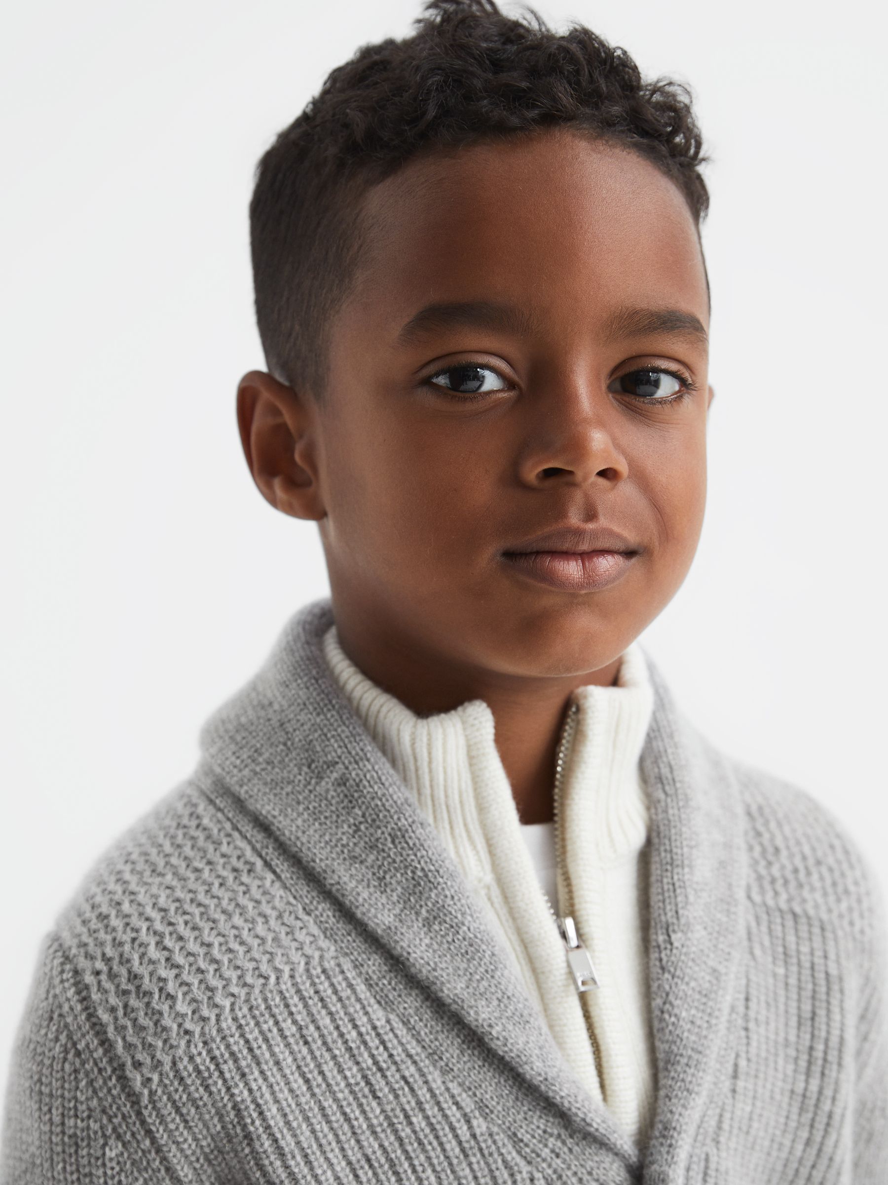 Junior Shawl Collar Cashmere Cardigan in Soft Grey Melange - Image 4 of 6