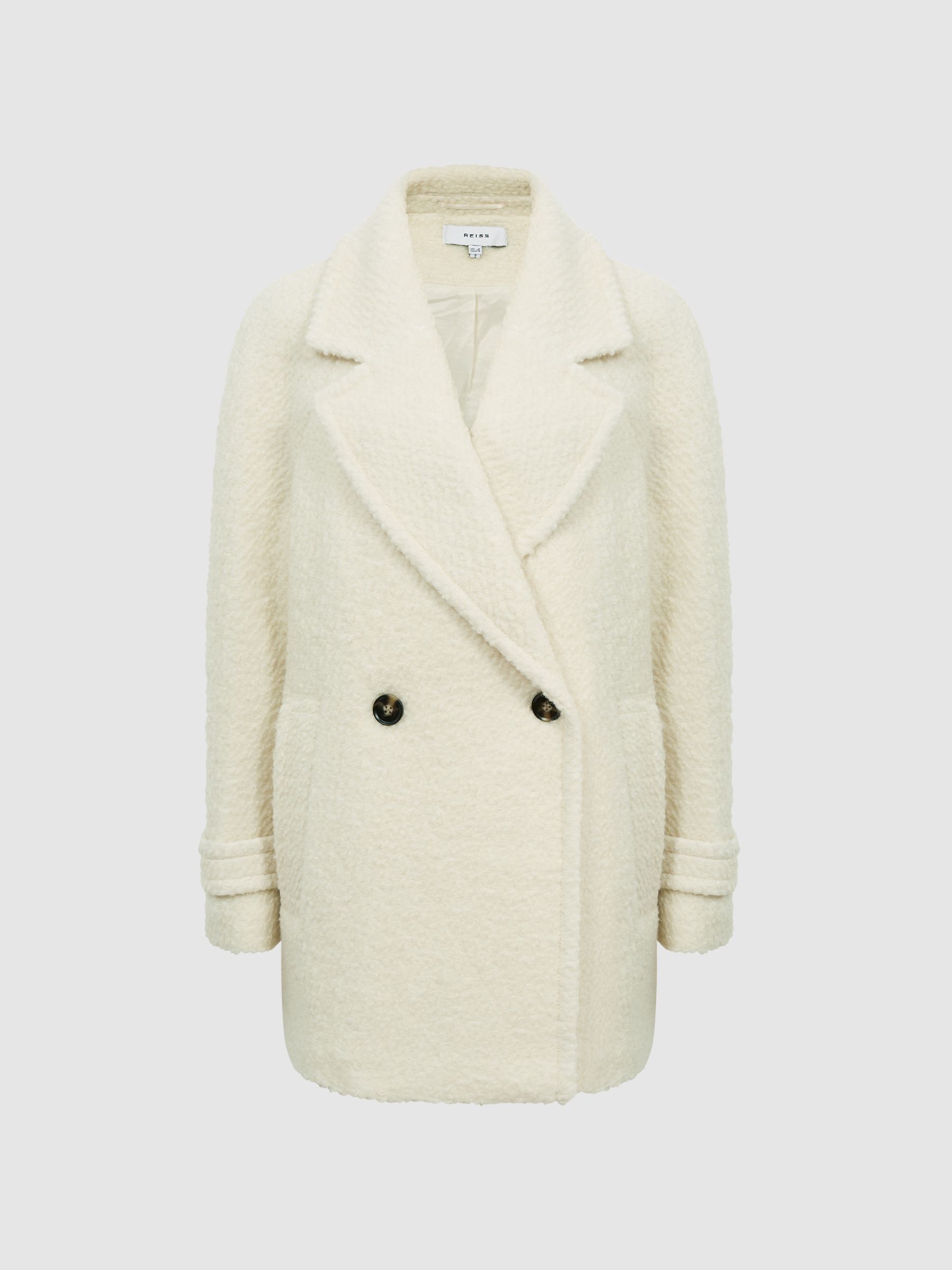 Short Wool Blend Boucle Teddy Coat in Cream - Image 2 of 7
