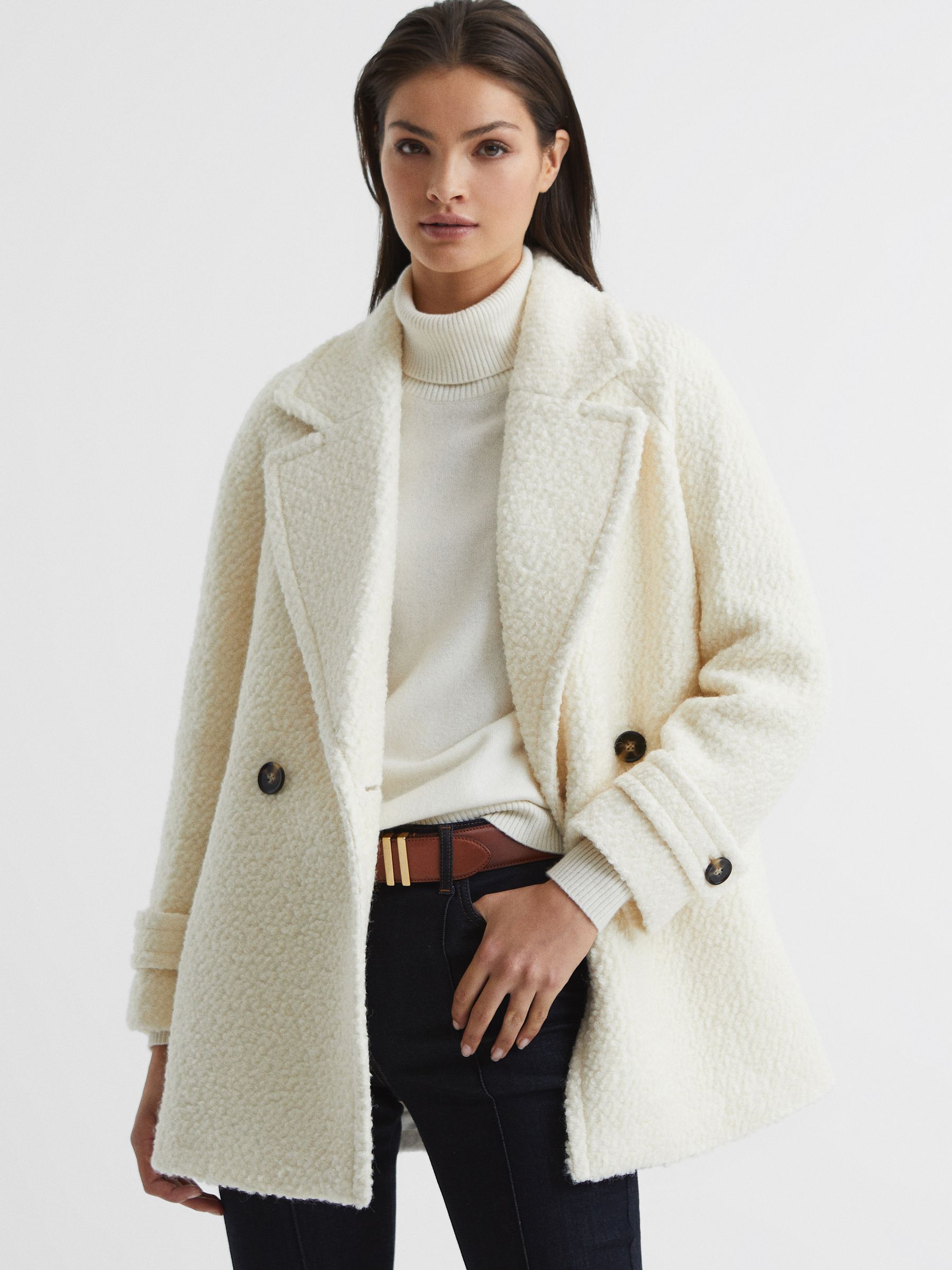 Short Wool Blend Boucle Teddy Coat in Cream - Image 4 of 7