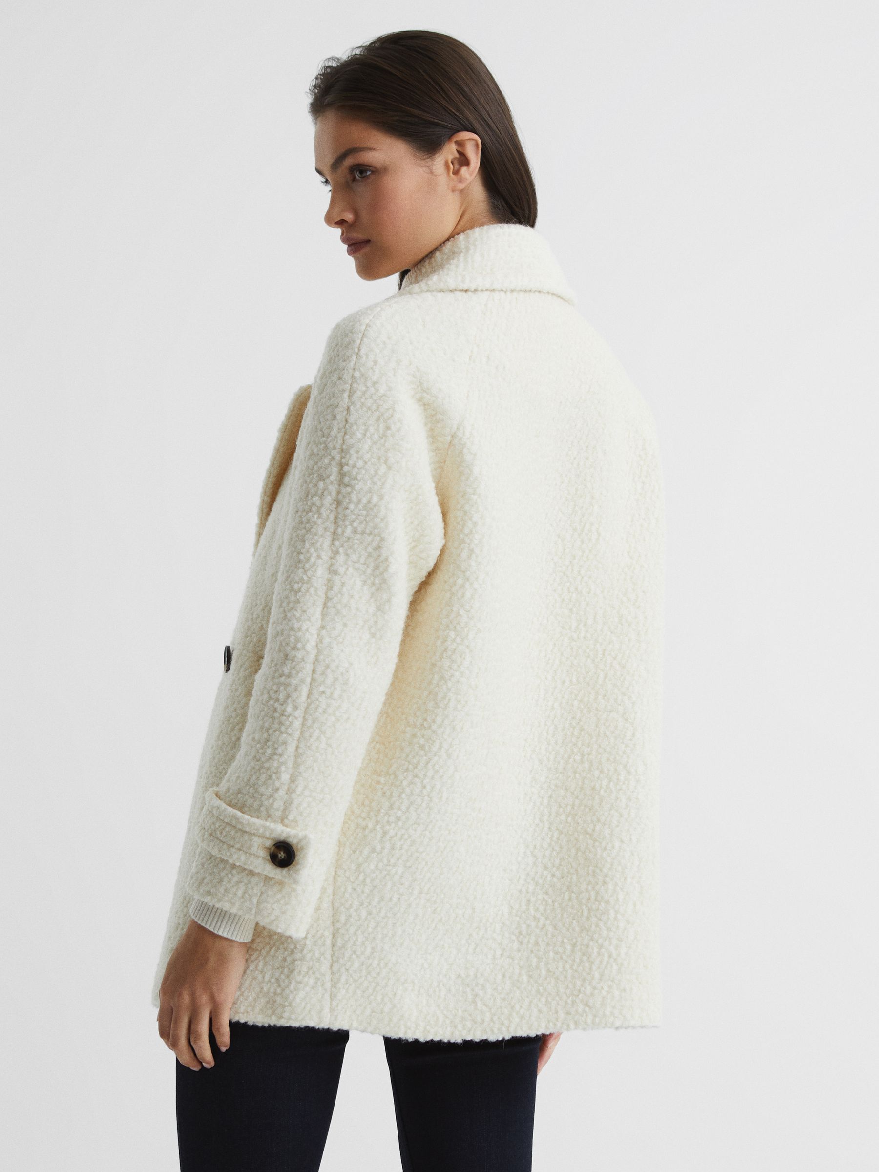 Short Wool Blend Boucle Teddy Coat in Cream - Image 5 of 7