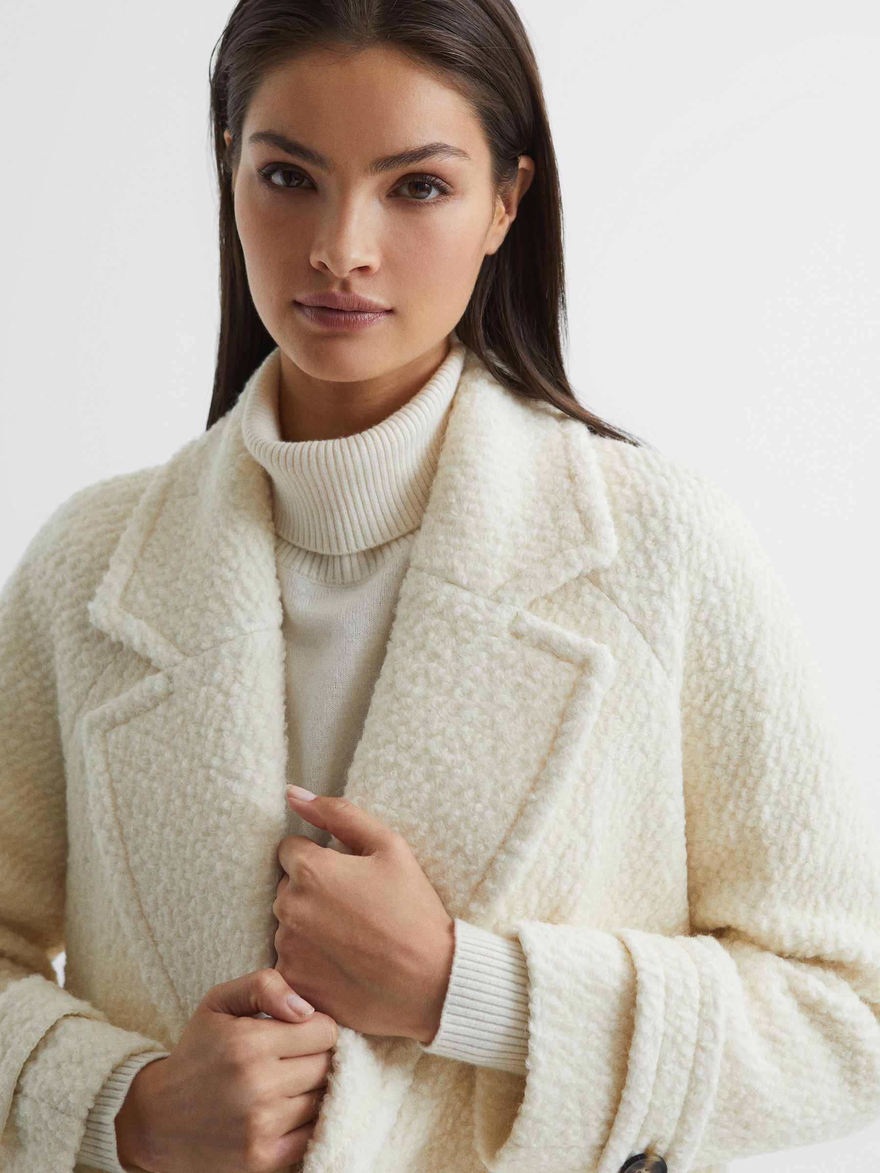 Short Wool Blend Boucle Teddy Coat in Cream - Image 6 of 7